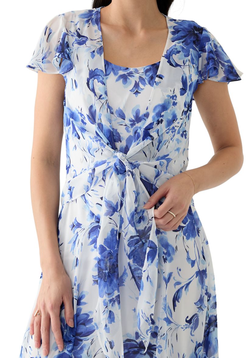 Womens Printed Scoop Neck Chiffon Jacket Dress