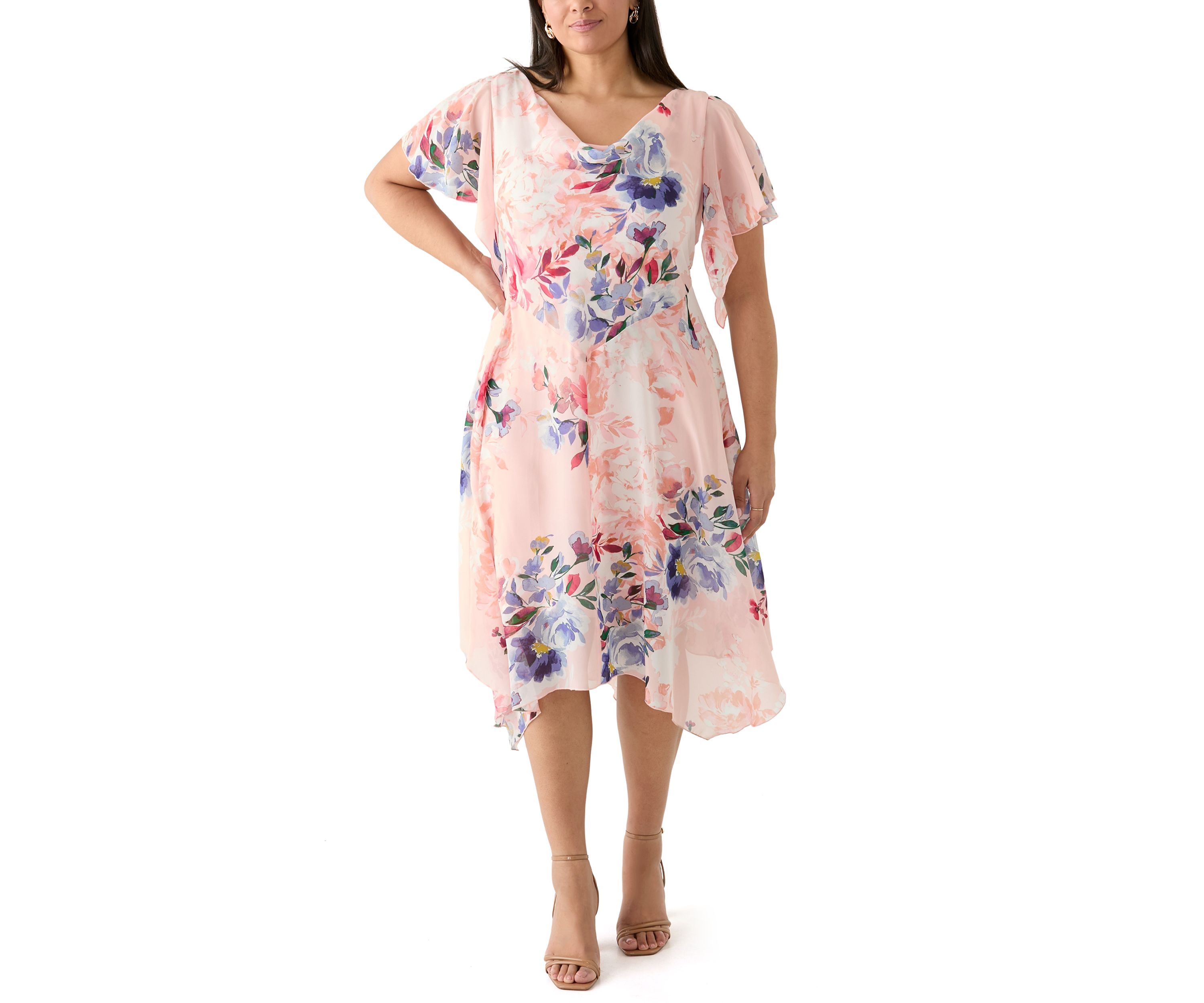 Plus Size Flutter Sleeve Cowl Neck Floral Print Chiffon A-Line Dress