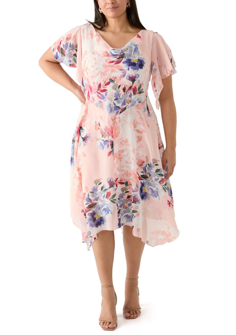 Plus Size Flutter Sleeve Cowl Neck Floral Print Chiffon A-Line Dress