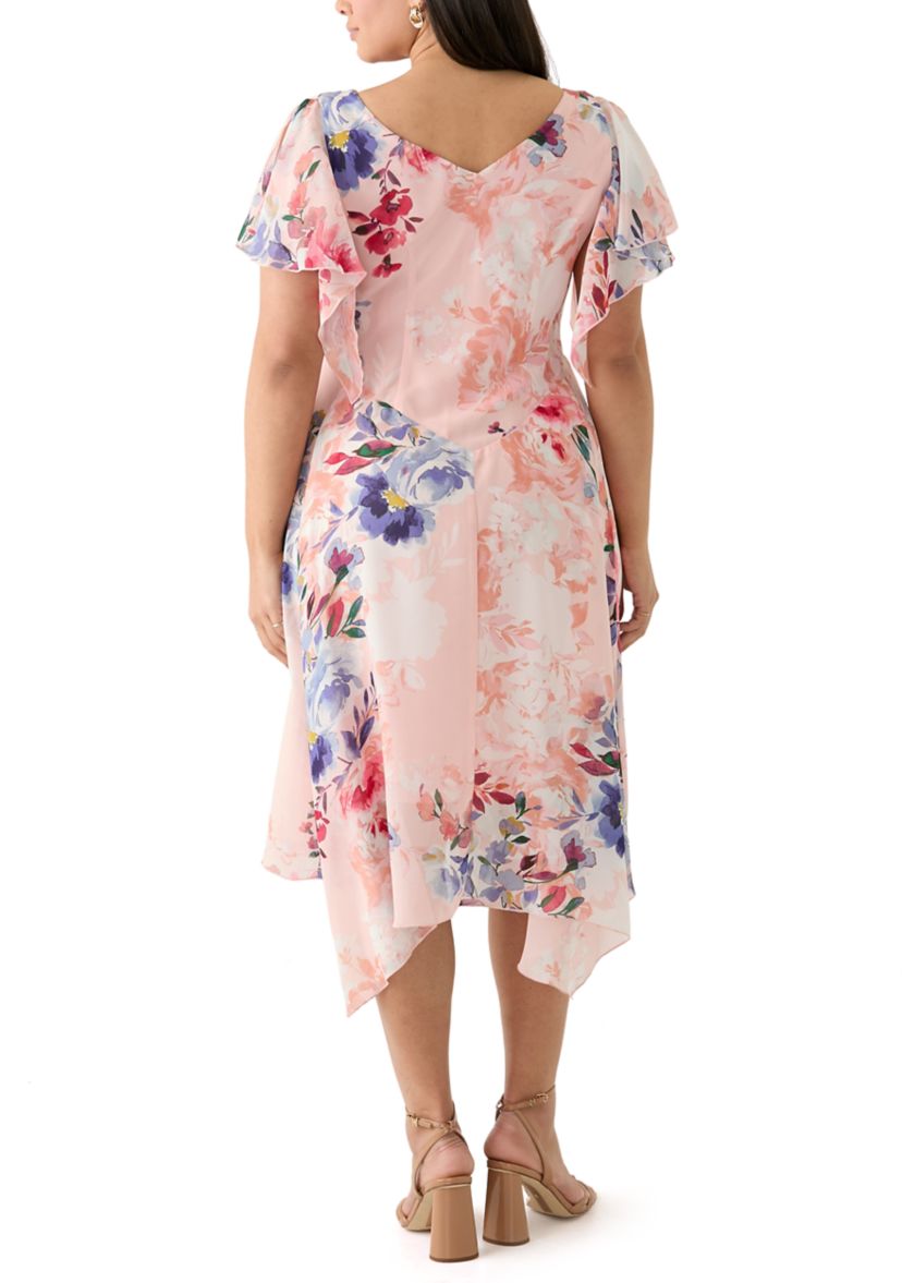 Plus Size Flutter Sleeve Cowl Neck Floral Print Chiffon A-Line Dress