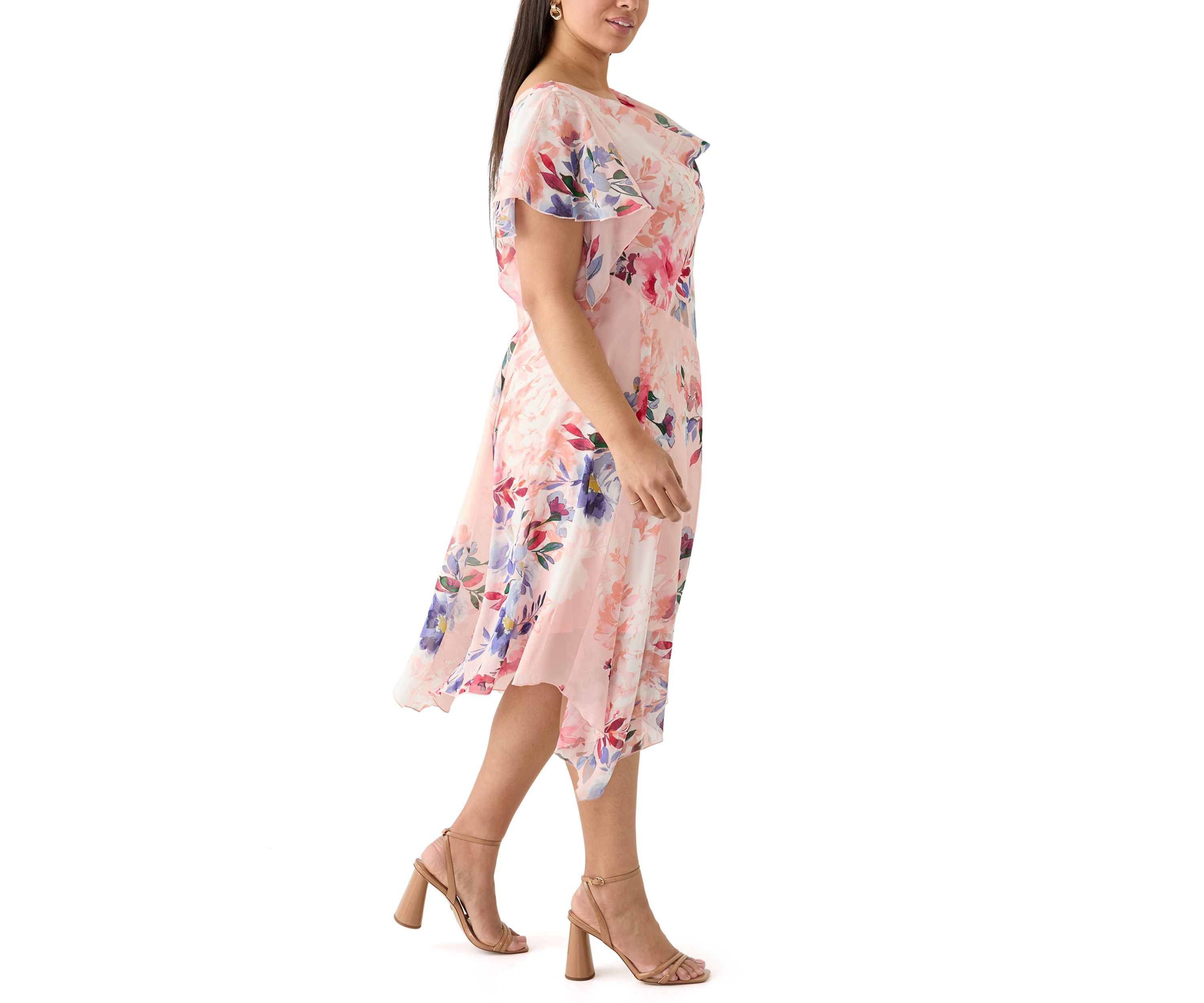 Plus Size Flutter Sleeve Cowl Neck Floral Print Chiffon A-Line Dress