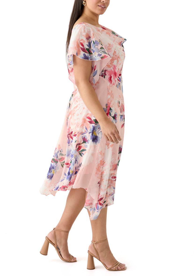 Plus Size Flutter Sleeve Cowl Neck Floral Print Chiffon A-Line Dress
