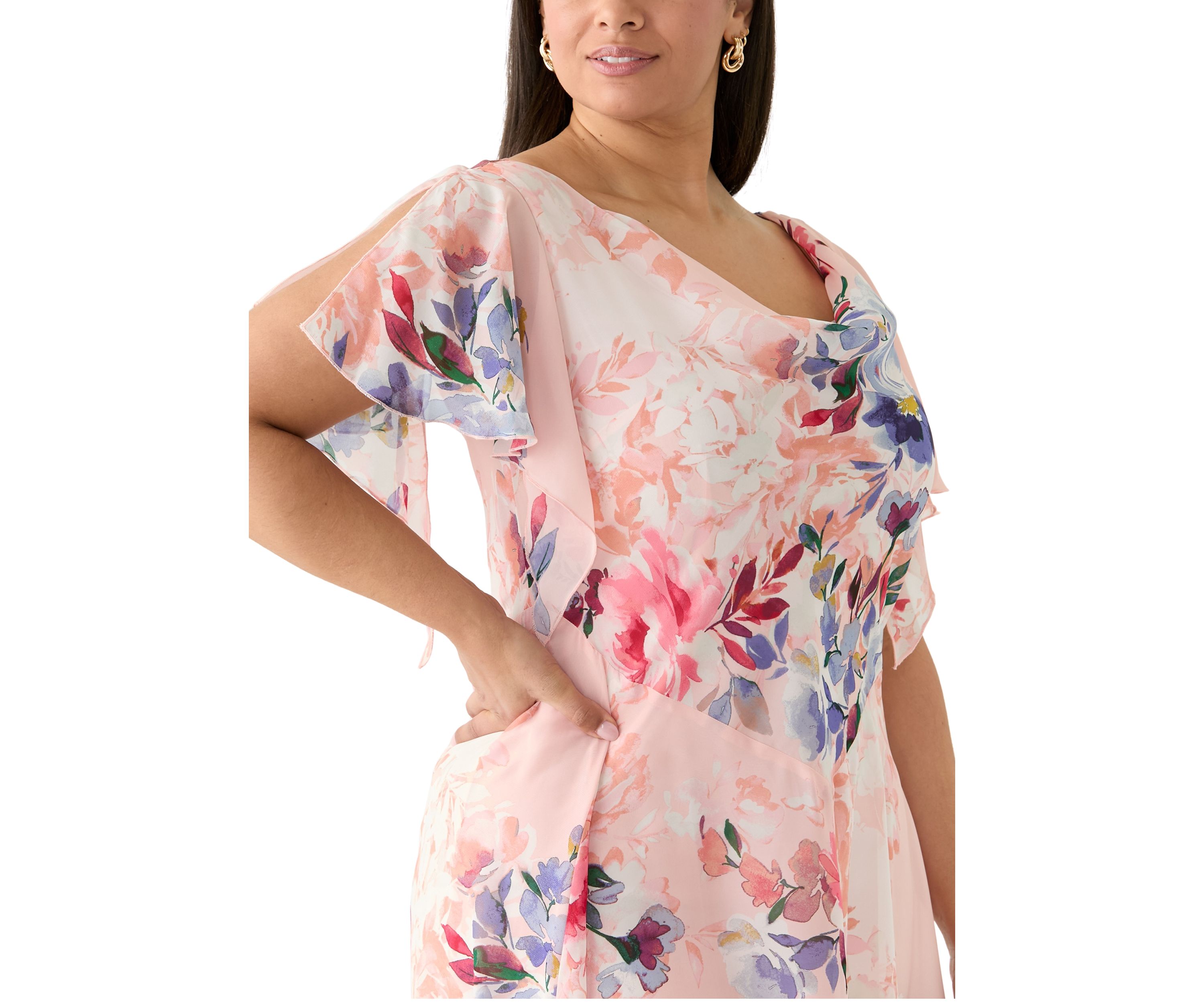 Plus Size Flutter Sleeve Cowl Neck Floral Print Chiffon A-Line Dress