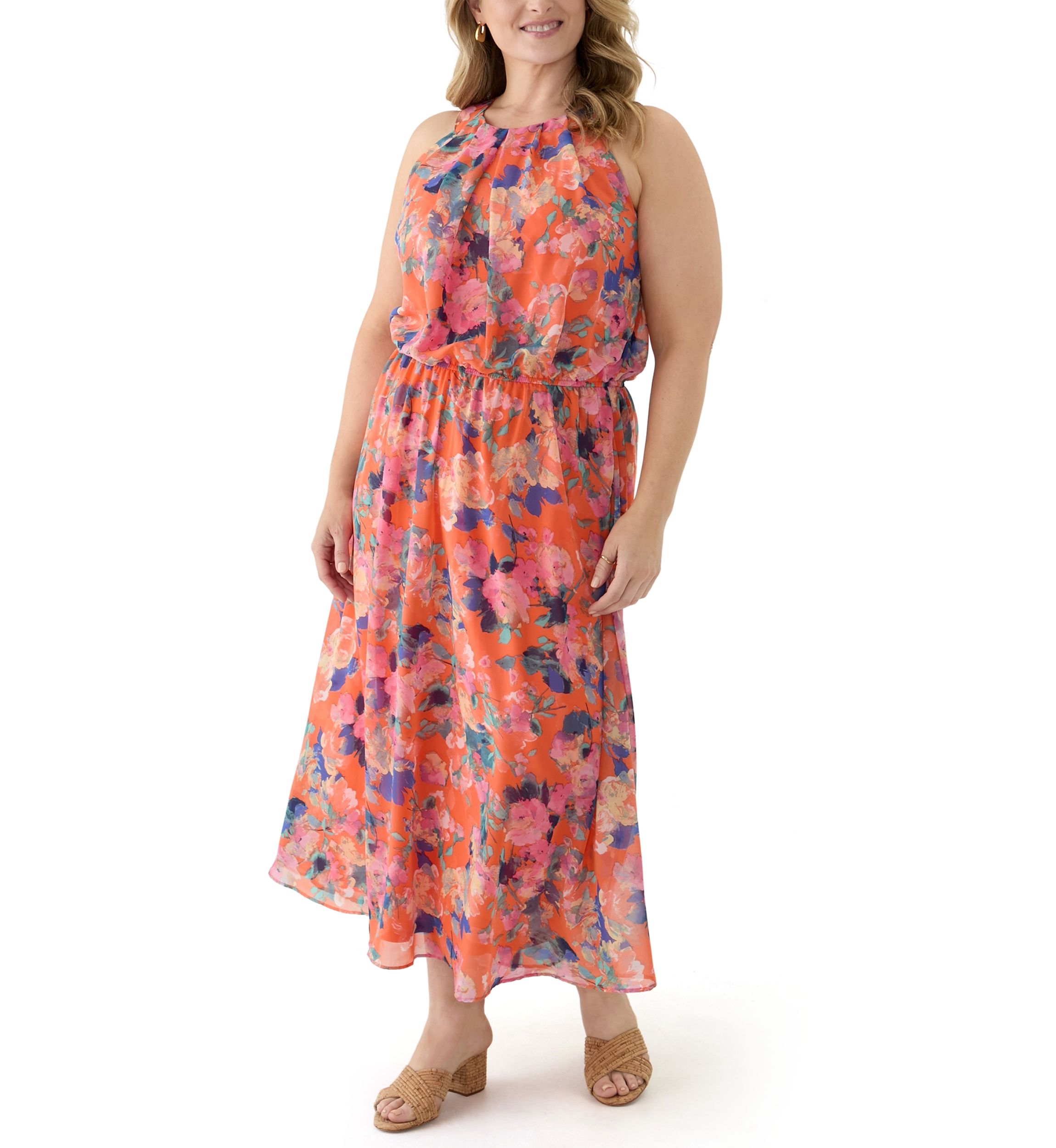 Plus Size Halter Neck Floral Chiffon Dress