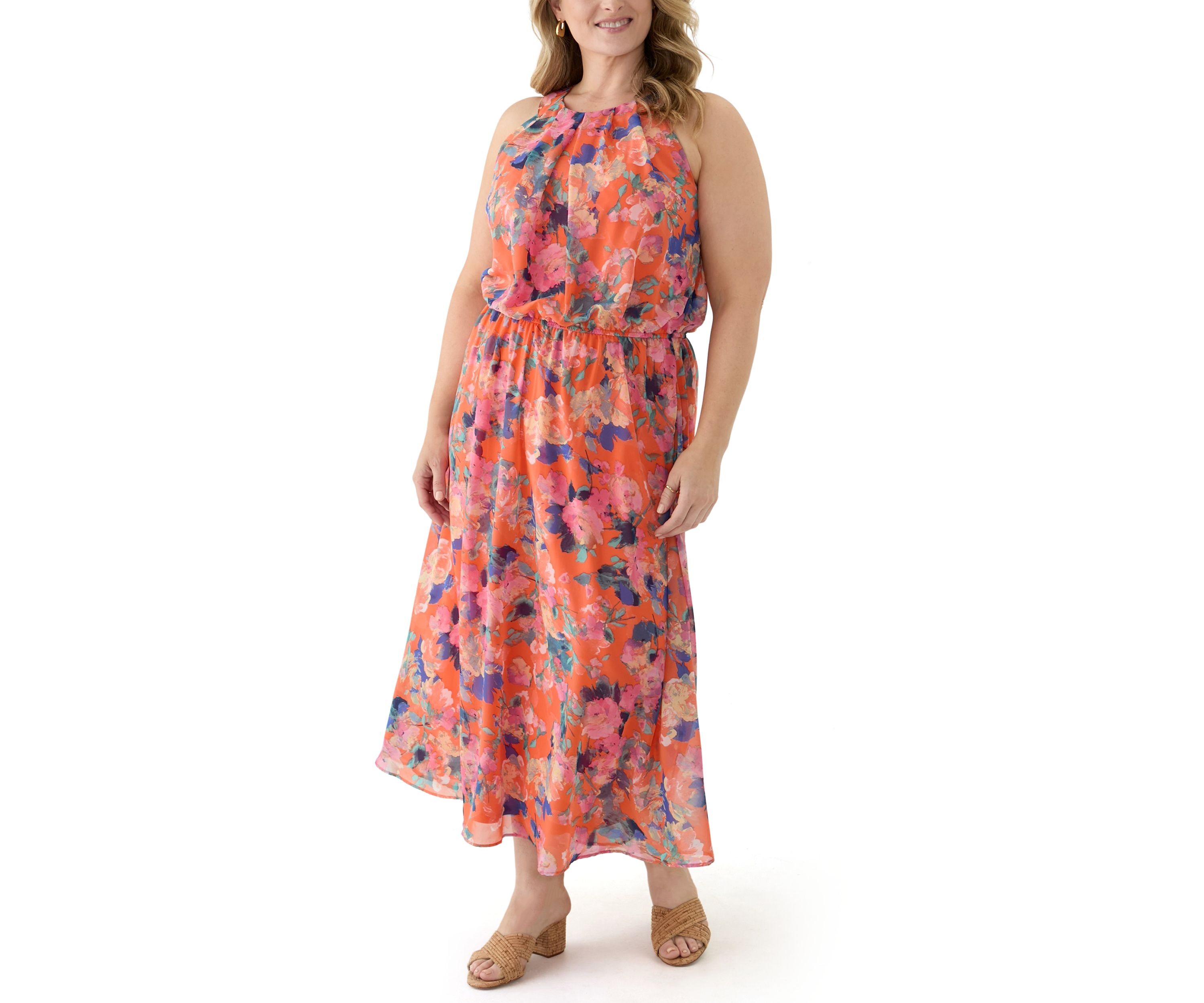 Plus Size Halter Neck Floral Chiffon Dress