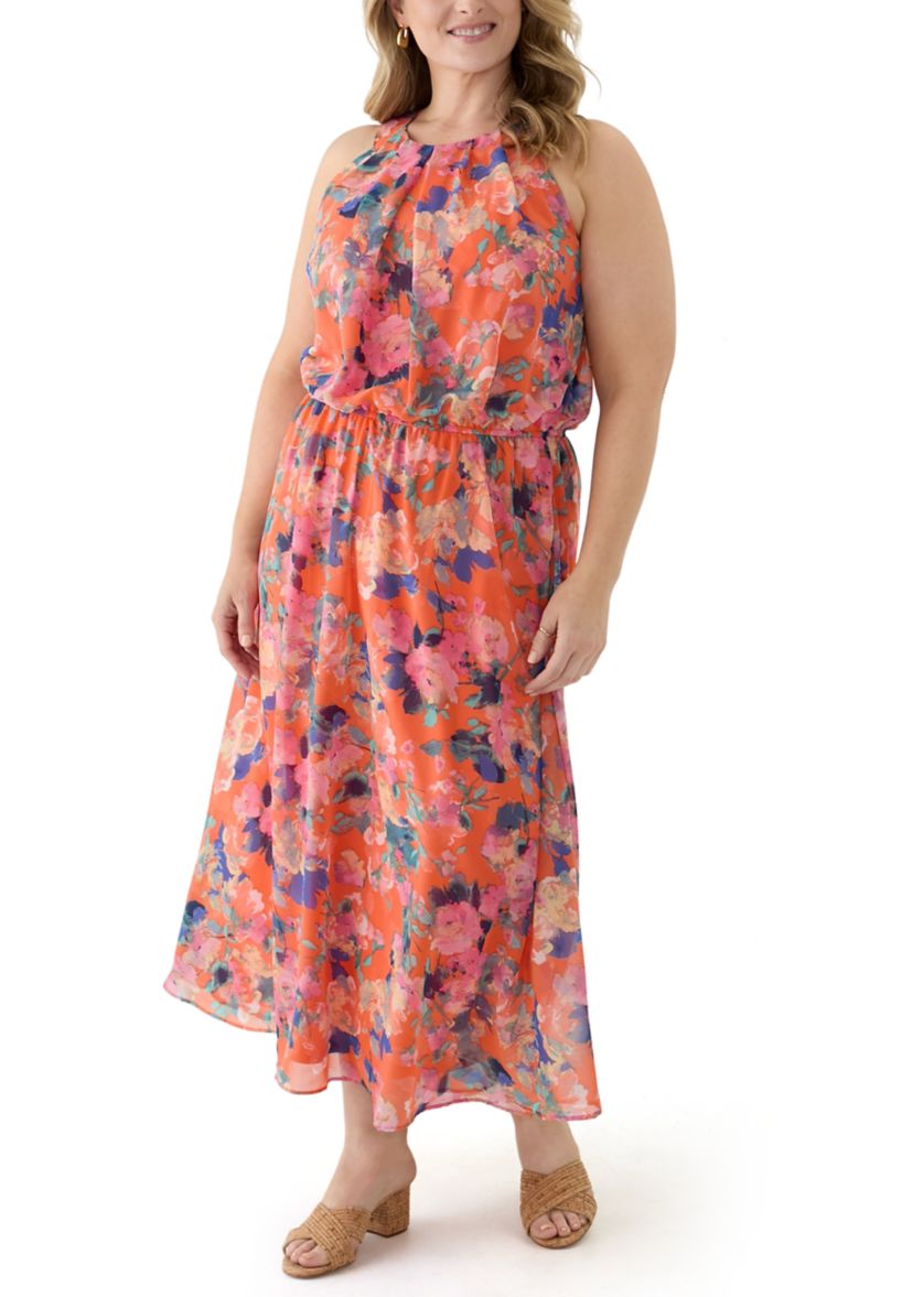 Plus Size Halter Neck Floral Chiffon Dress