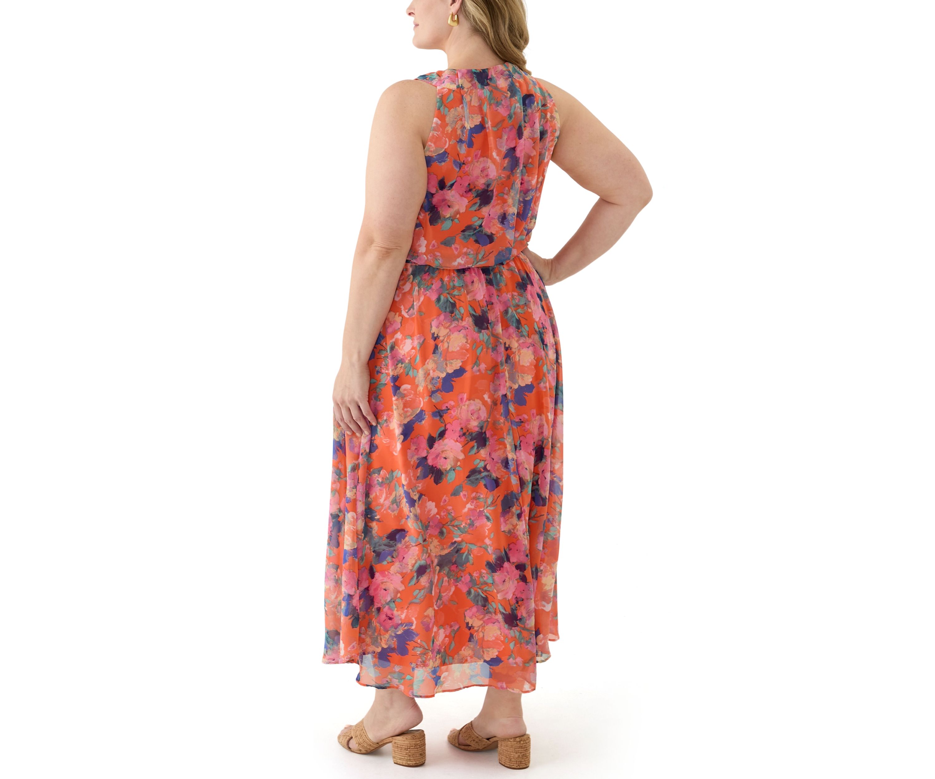 Plus Size Halter Neck Floral Chiffon Dress