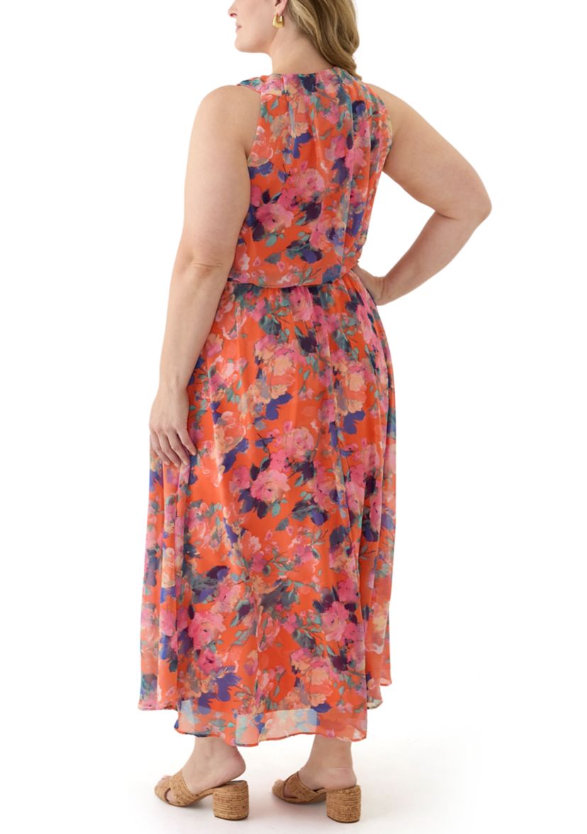 Plus Size Halter Neck Floral Chiffon Dress