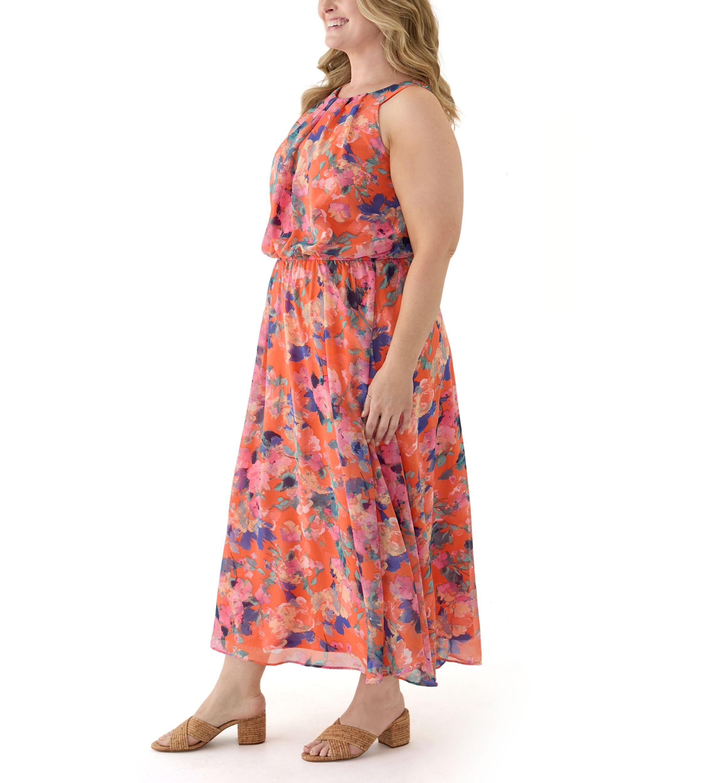 Plus Size Halter Neck Floral Chiffon Dress