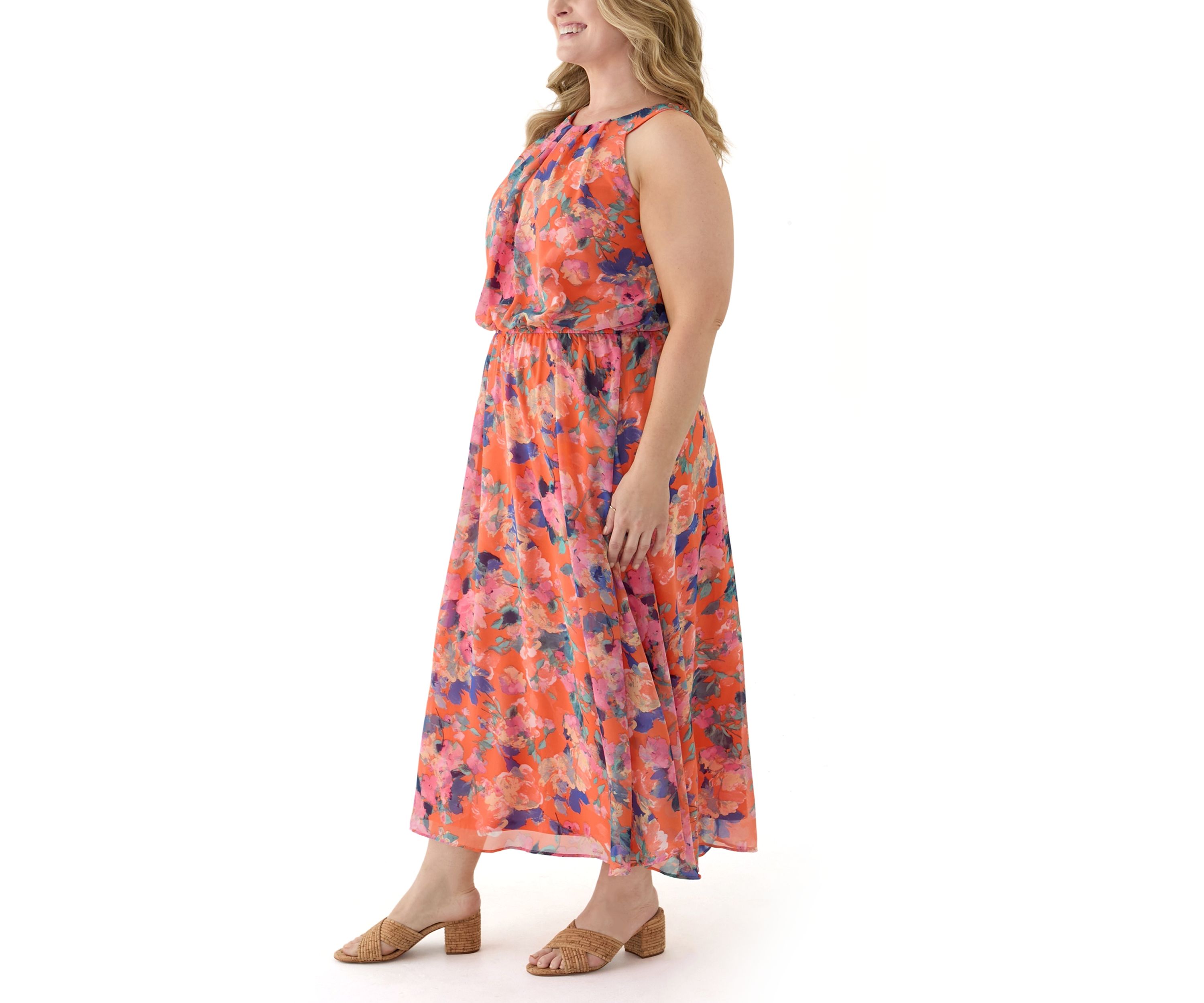 Plus Size Halter Neck Floral Chiffon Dress