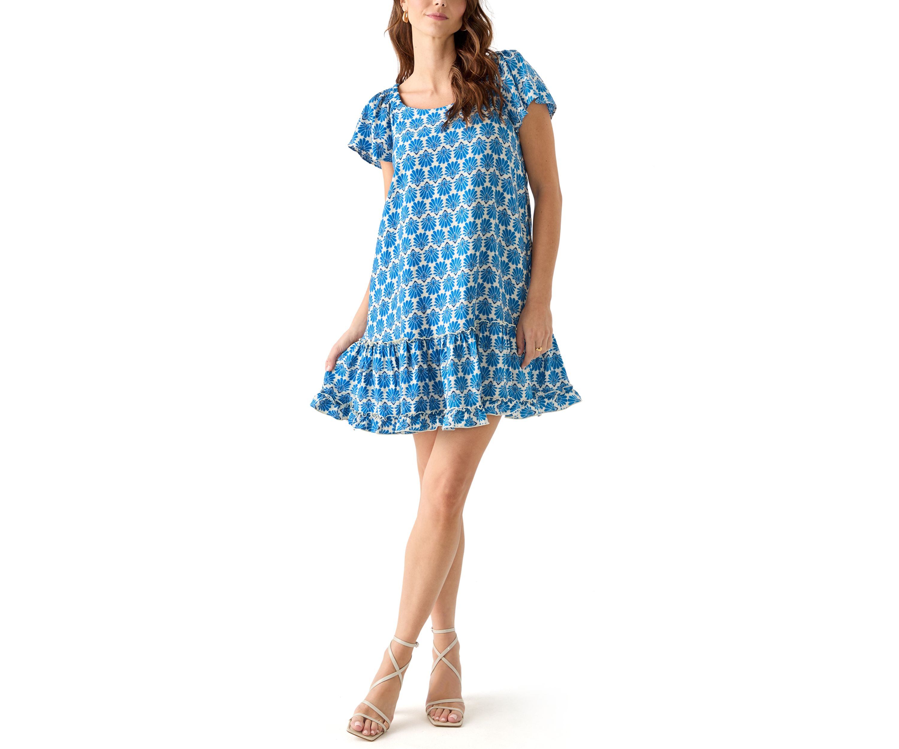 Womens Short Sleeve Printed Cotton A-Line Dress