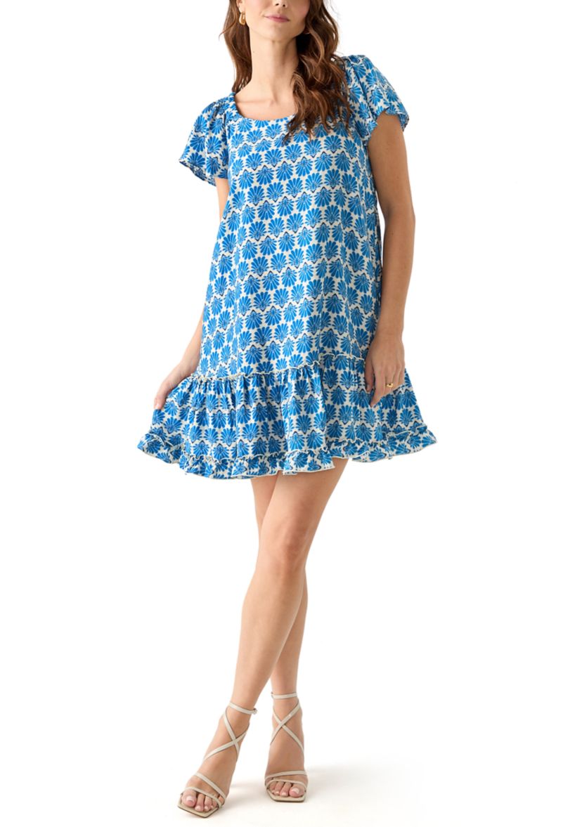 Womens Short Sleeve Printed Cotton A-Line Dress
