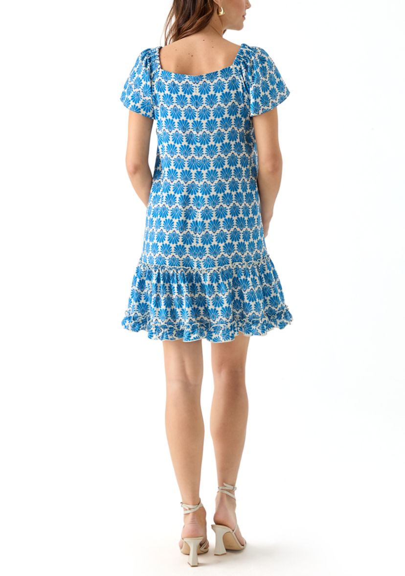 Womens Short Sleeve Printed Cotton A-Line Dress