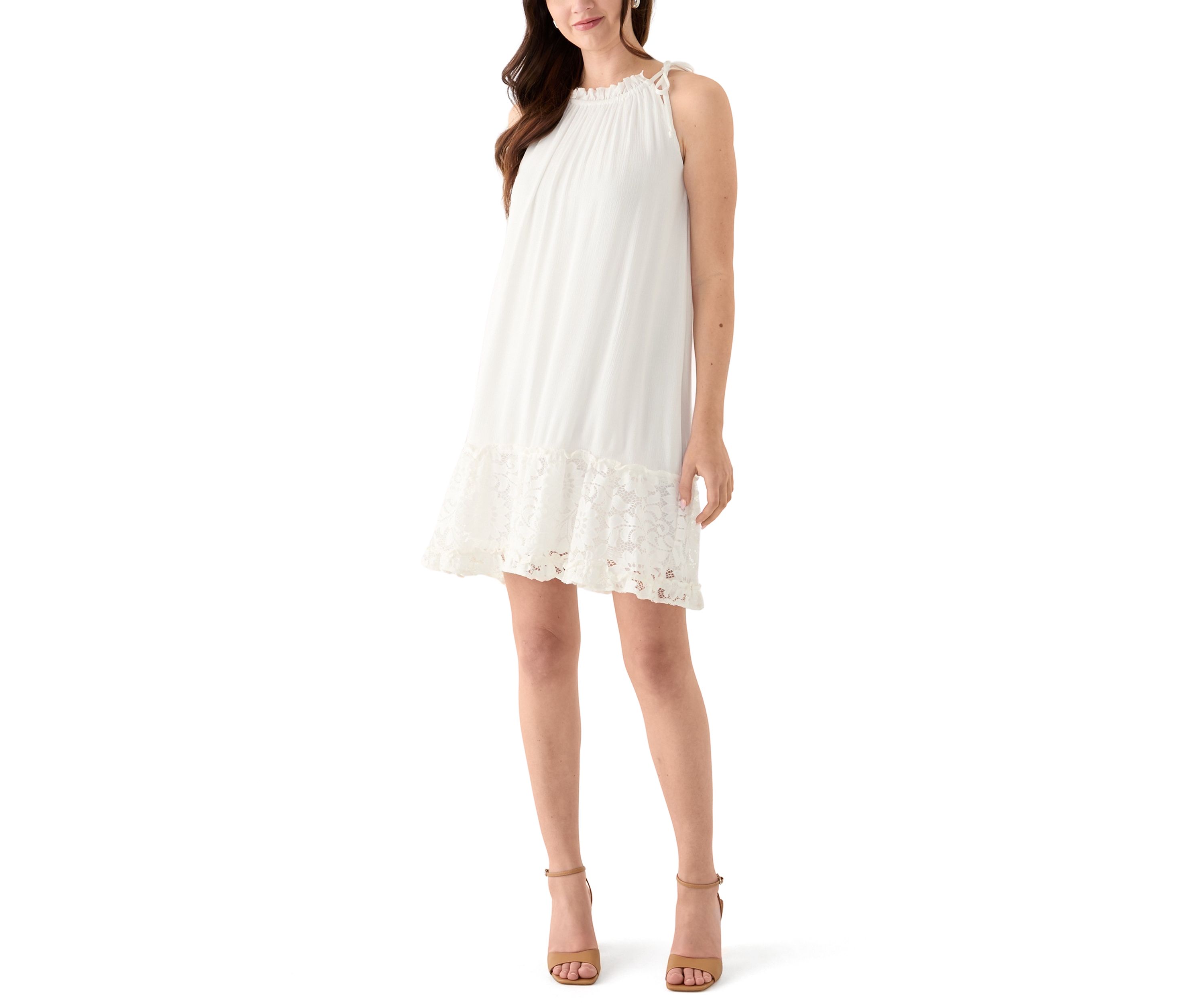 Womens Sleeveless Ruffle Neck Solid Lace A-Line Dress