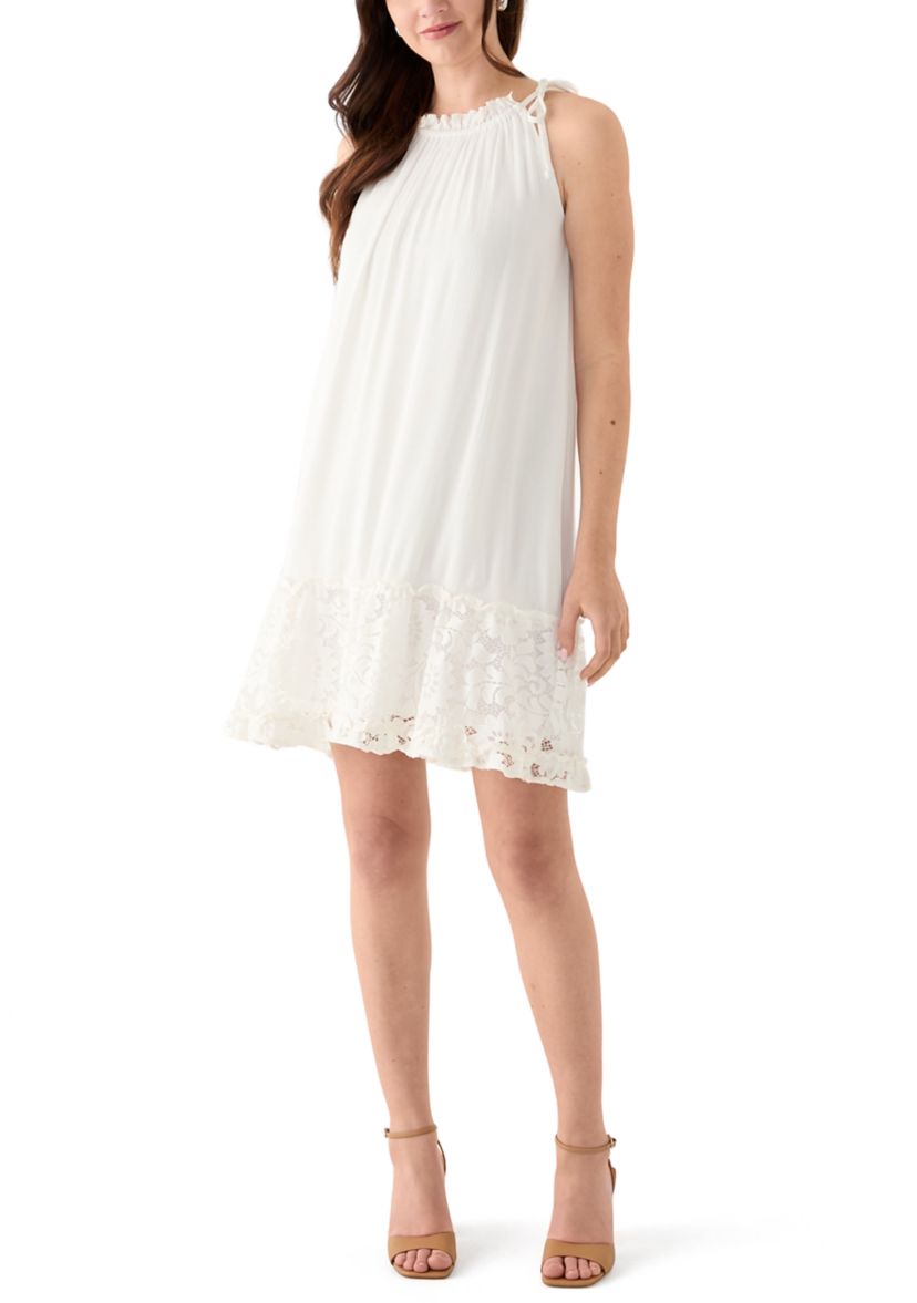 Womens Sleeveless Ruffle Neck Solid Lace A-Line Dress