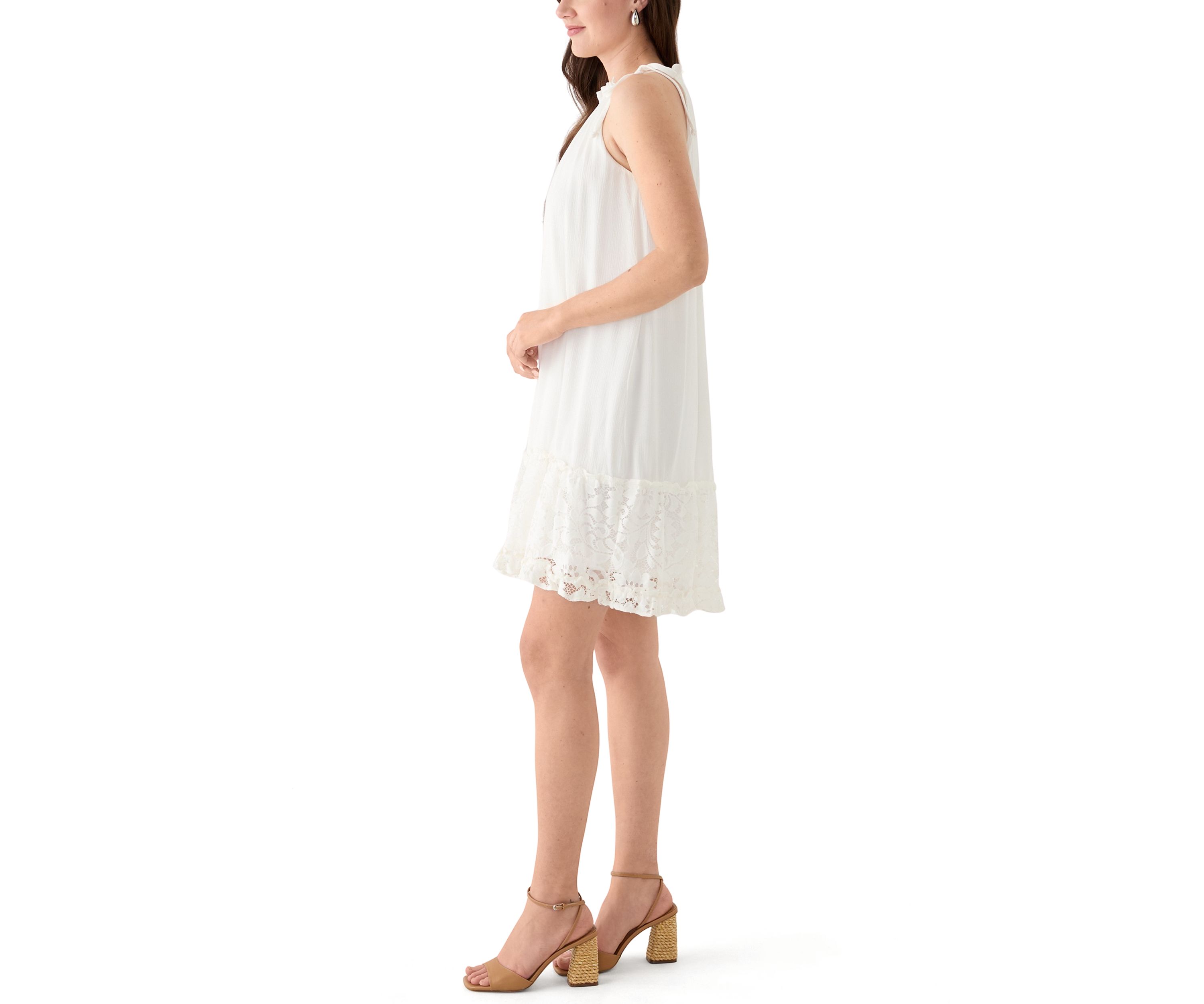 Womens Sleeveless Ruffle Neck Solid Lace A-Line Dress