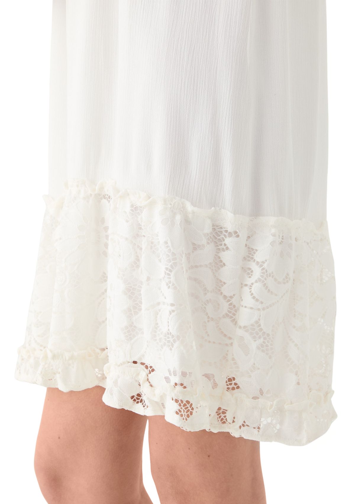 Womens Sleeveless Ruffle Neck Solid Lace A-Line Dress