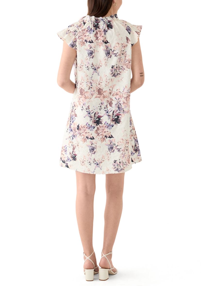 Womens Flutter Sleeve Tie Neck Floral Print A-Line Dress