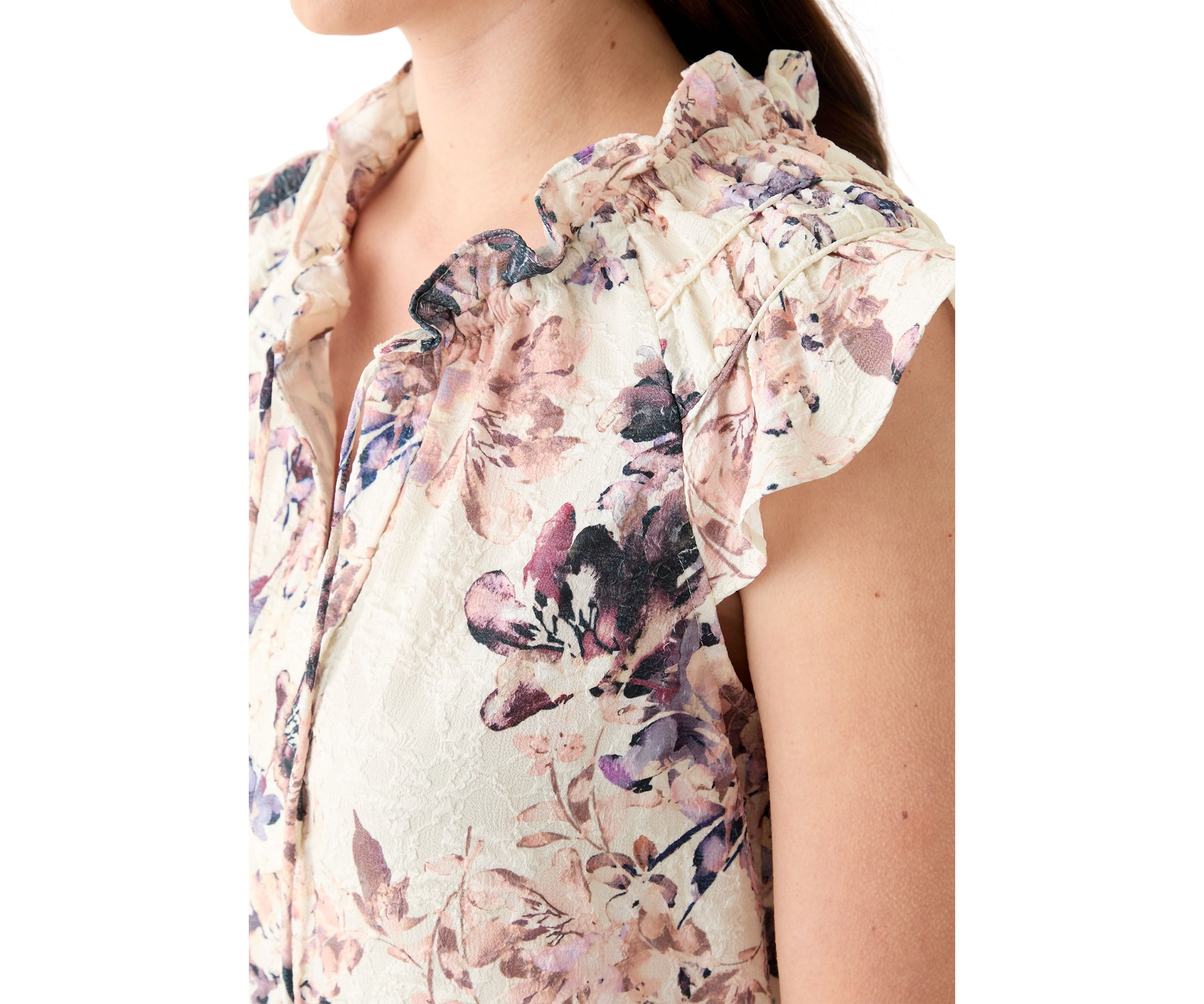 Womens Flutter Sleeve Tie Neck Floral Print A-Line Dress