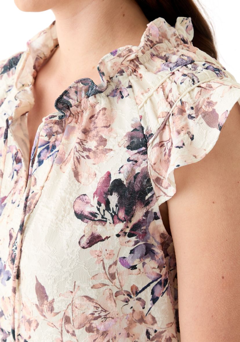 Womens Flutter Sleeve Tie Neck Floral Print A-Line Dress