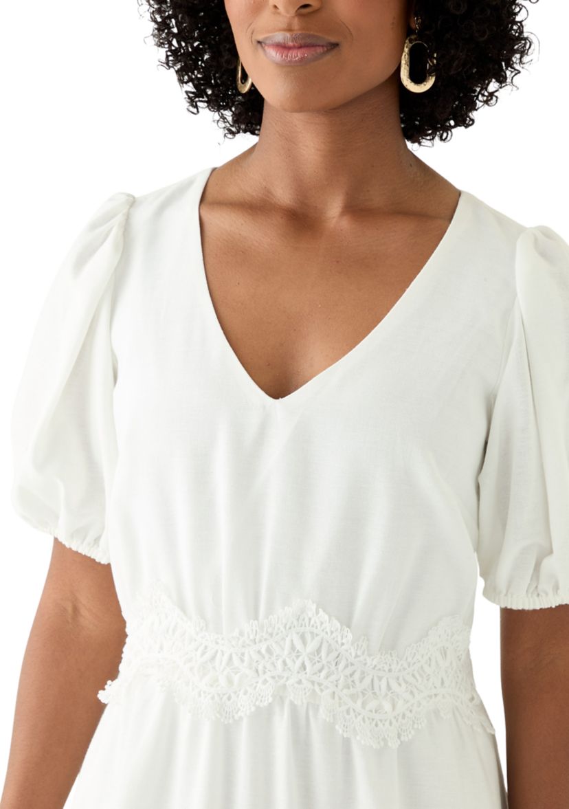 Womens Short Sleeve V-Neck Solid Cotton Fit and Flare Dress