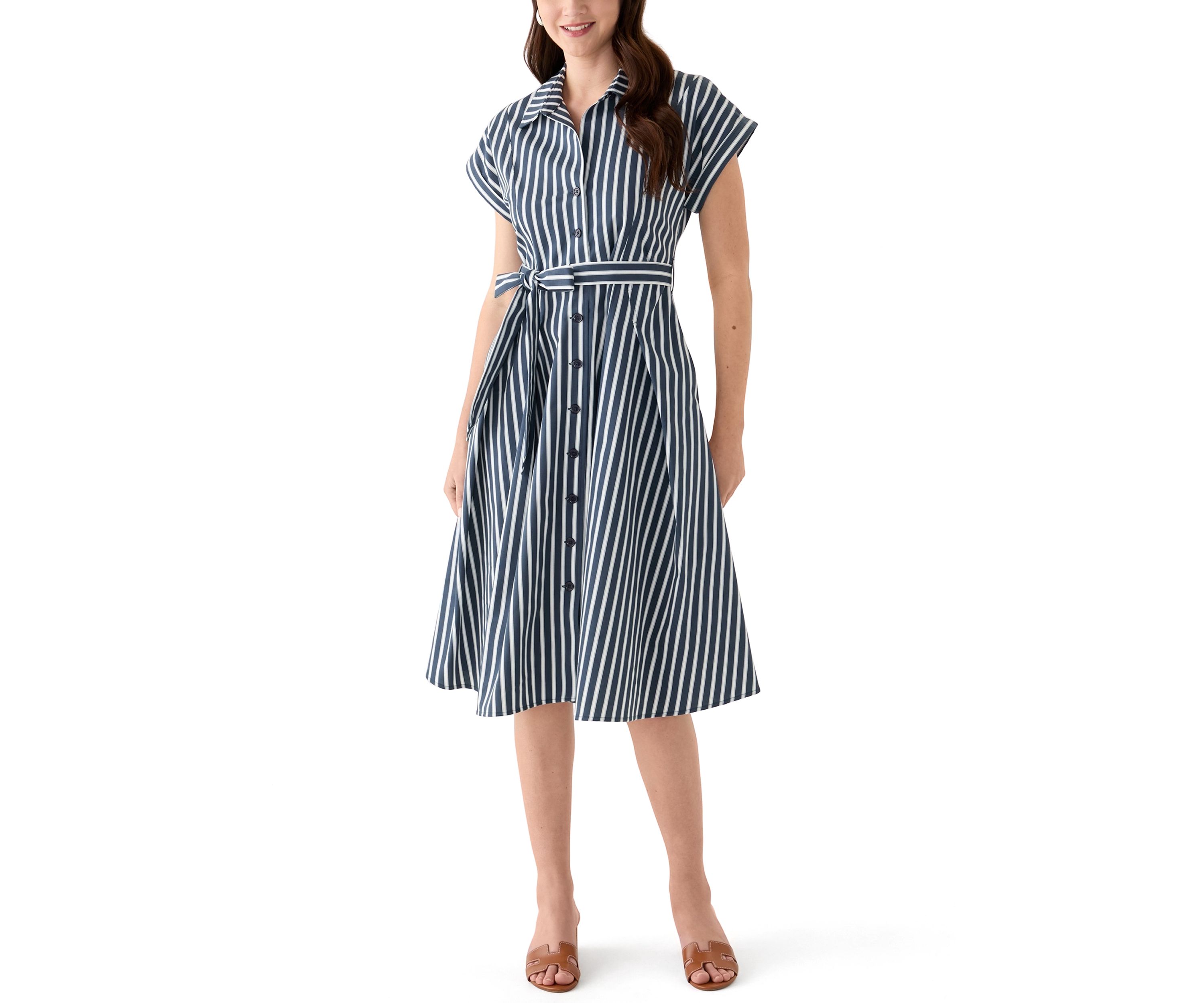 Womens Short Sleeve Collar Neck Stripe Print Dress