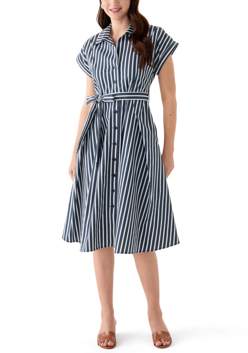 Womens Short Sleeve Collar Neck Stripe Print Dress