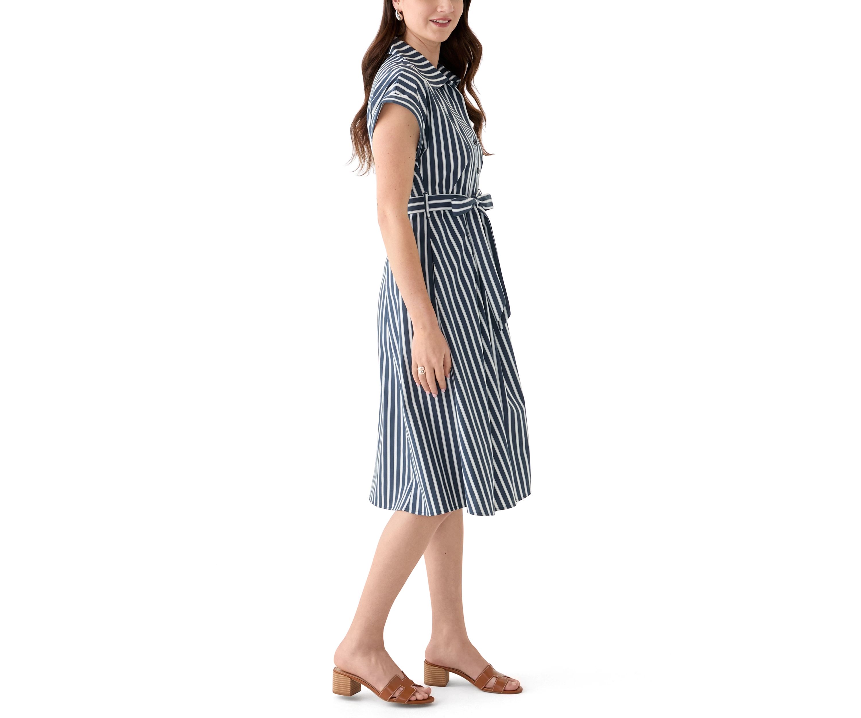 Womens Short Sleeve Collar Neck Stripe Print Dress