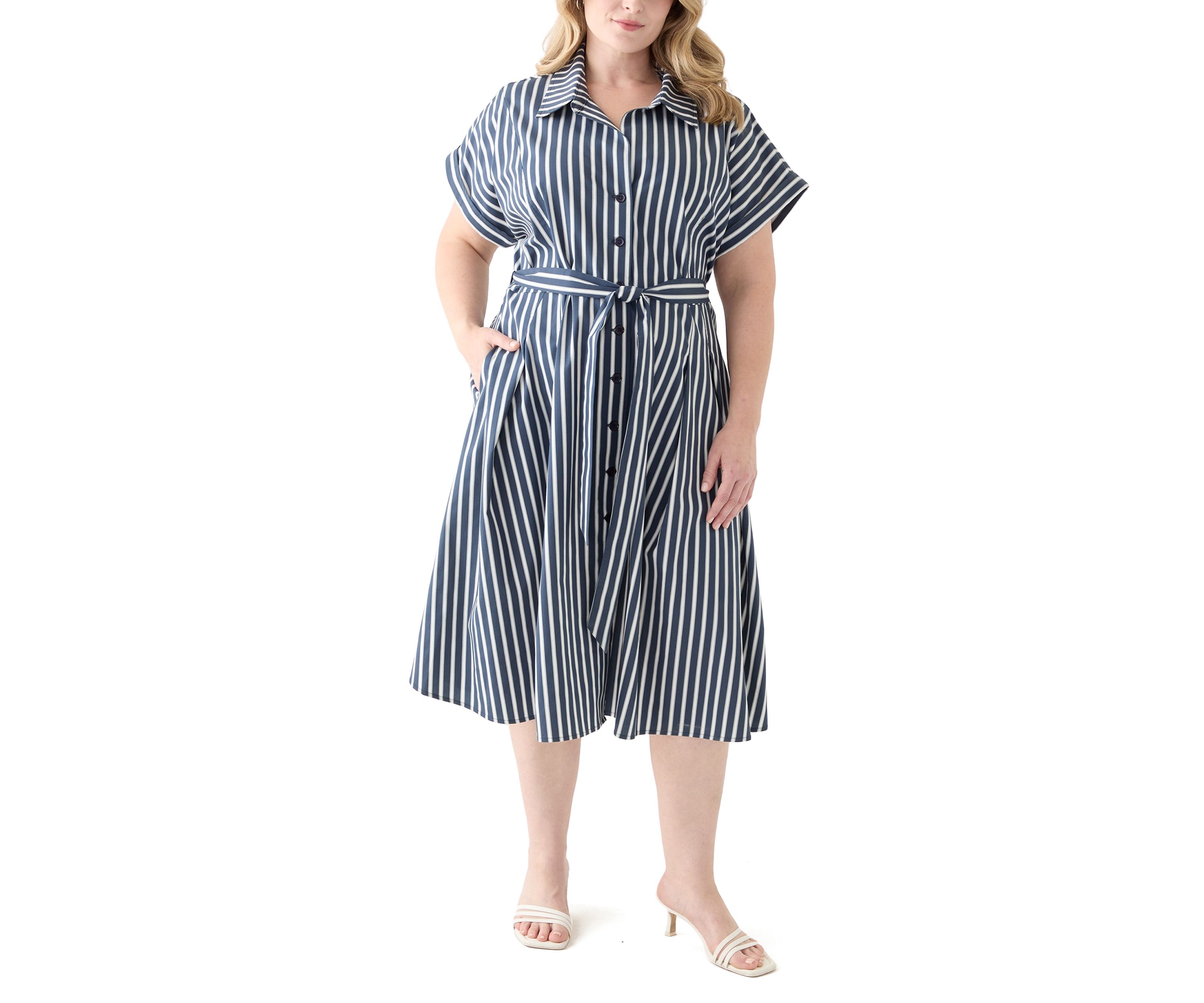 Plus Size Short Sleeve Collar Striped Shirtdress