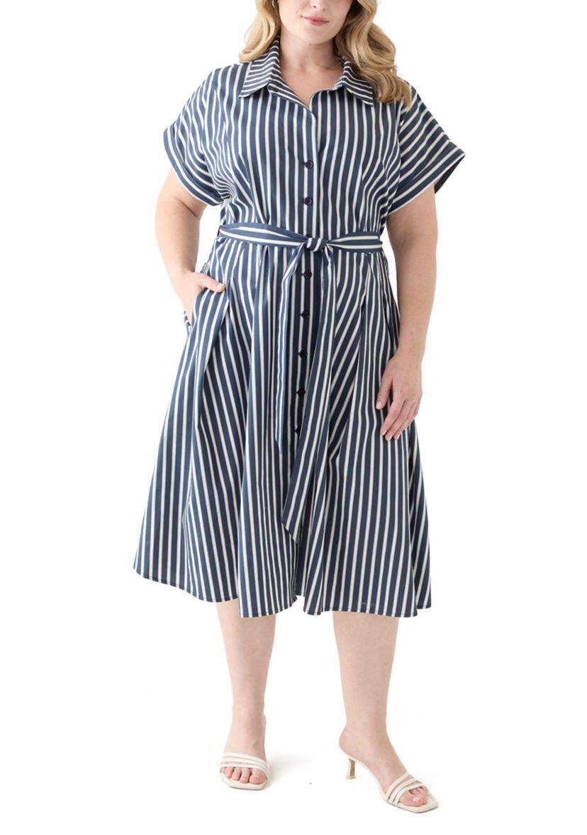 Plus Size Short Sleeve Collar Striped Shirtdress