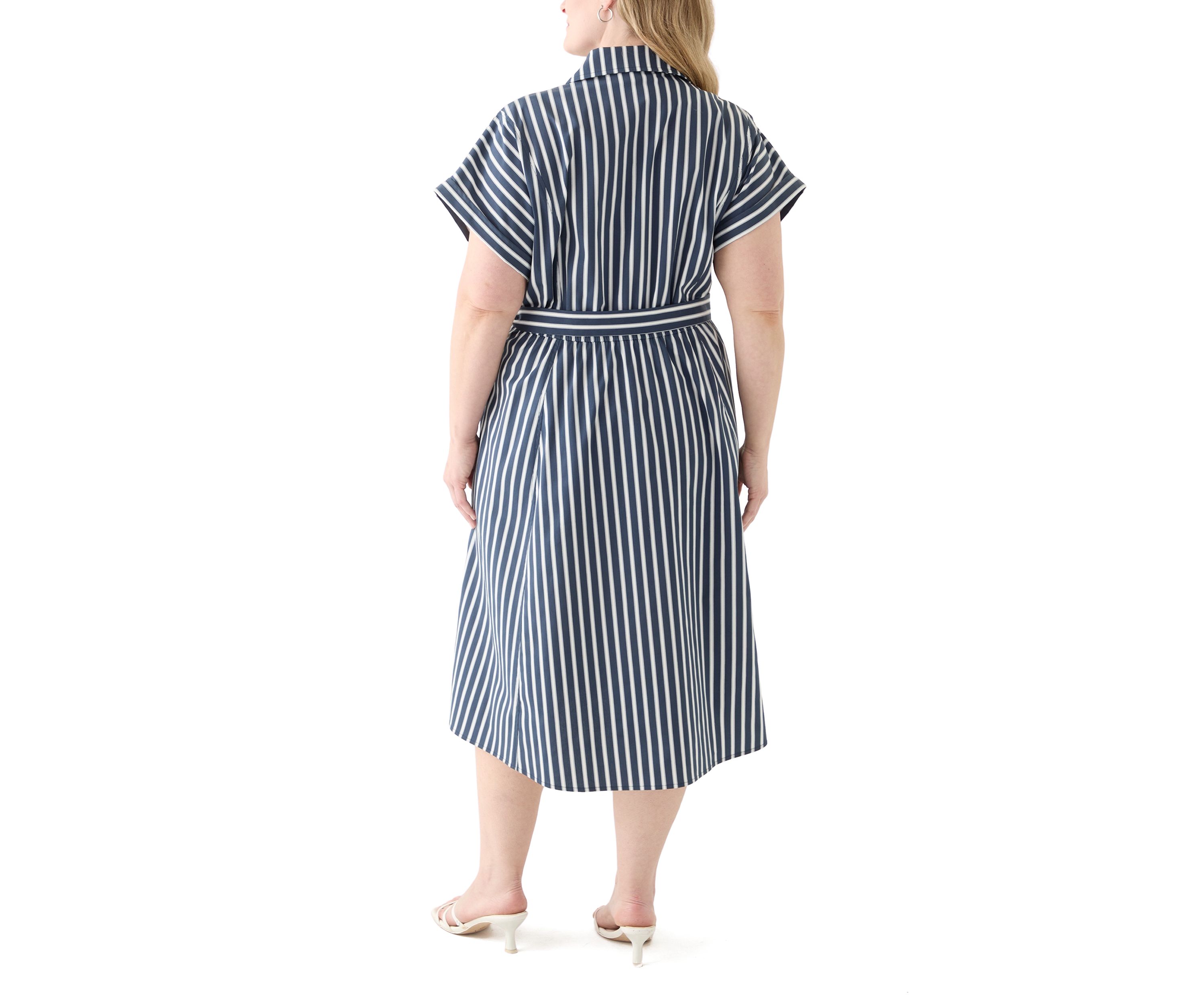 Plus Size Short Sleeve Collar Striped Shirtdress
