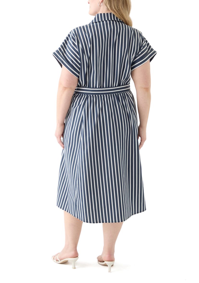 Plus Size Short Sleeve Collar Striped Shirtdress