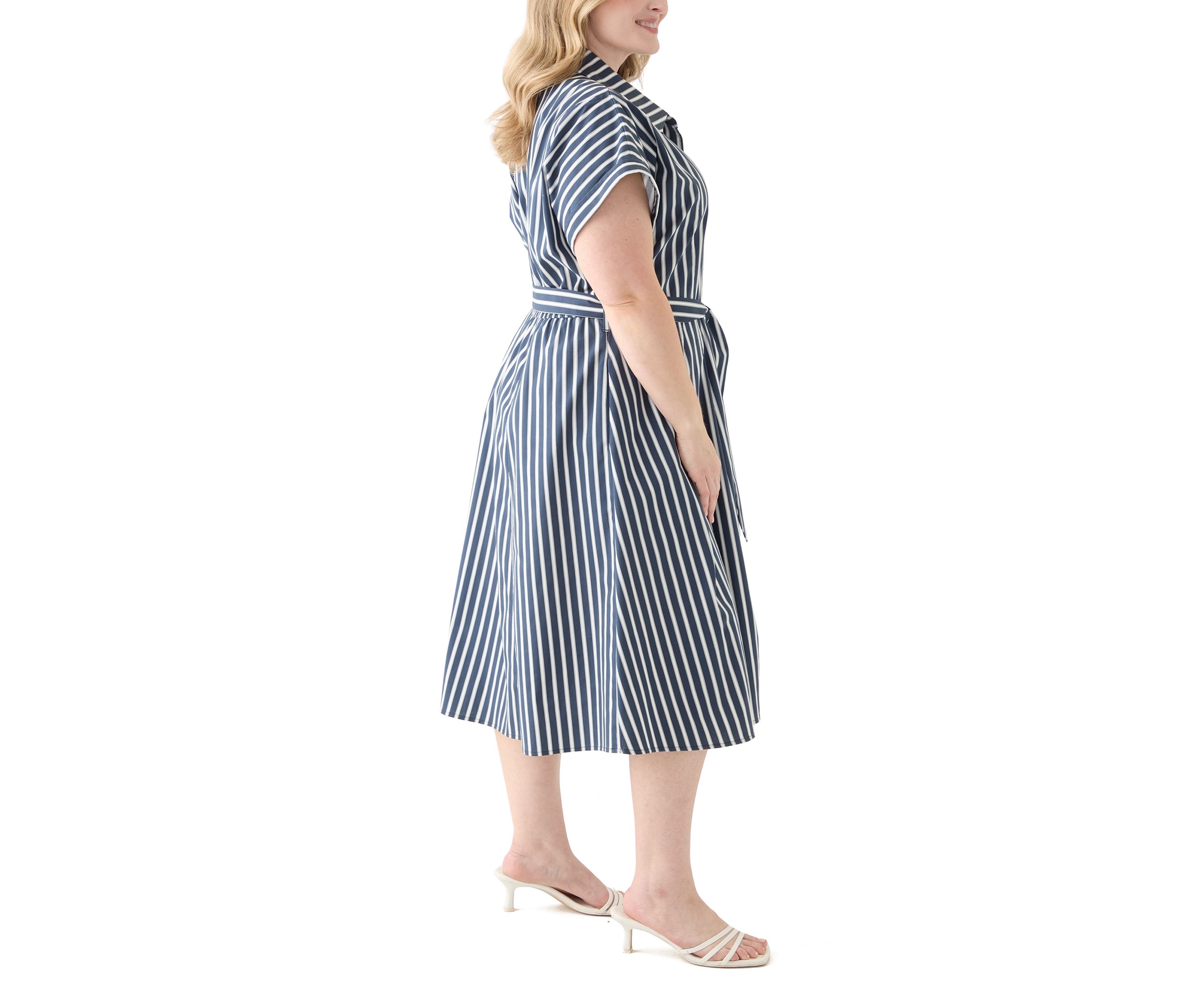 Plus Size Short Sleeve Collar Striped Shirtdress