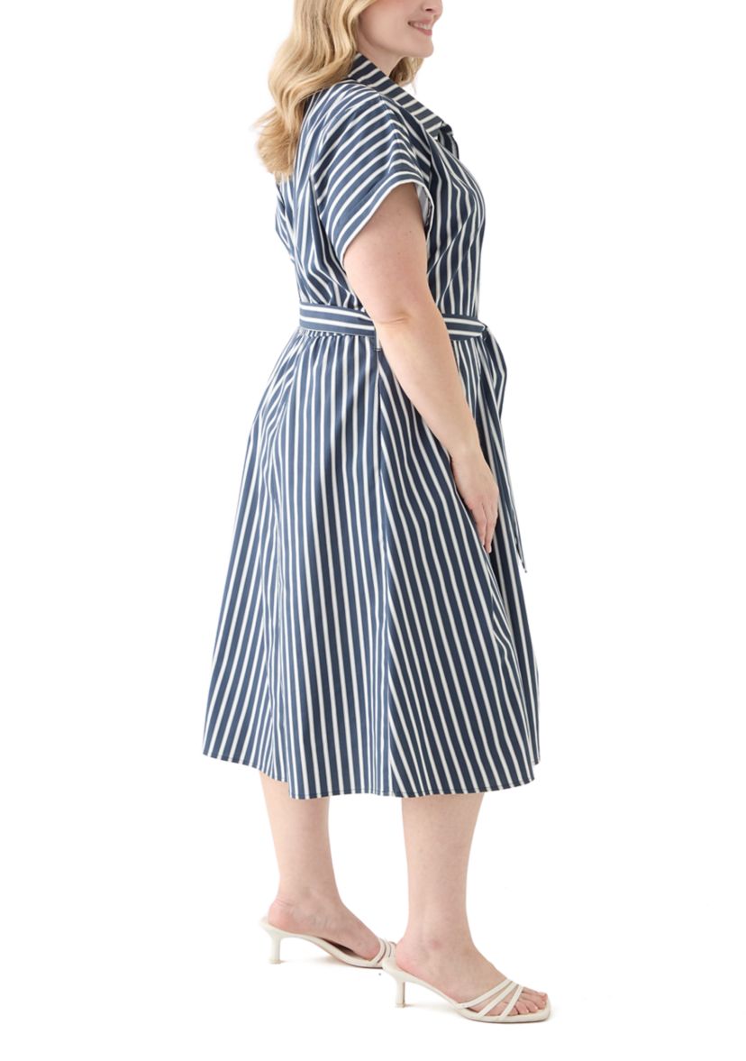 Plus Size Short Sleeve Collar Striped Shirtdress