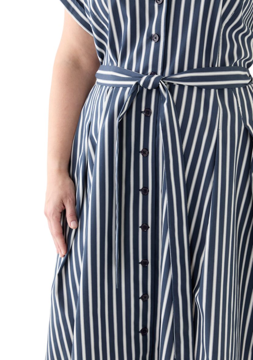 Plus Size Short Sleeve Collar Striped Shirtdress