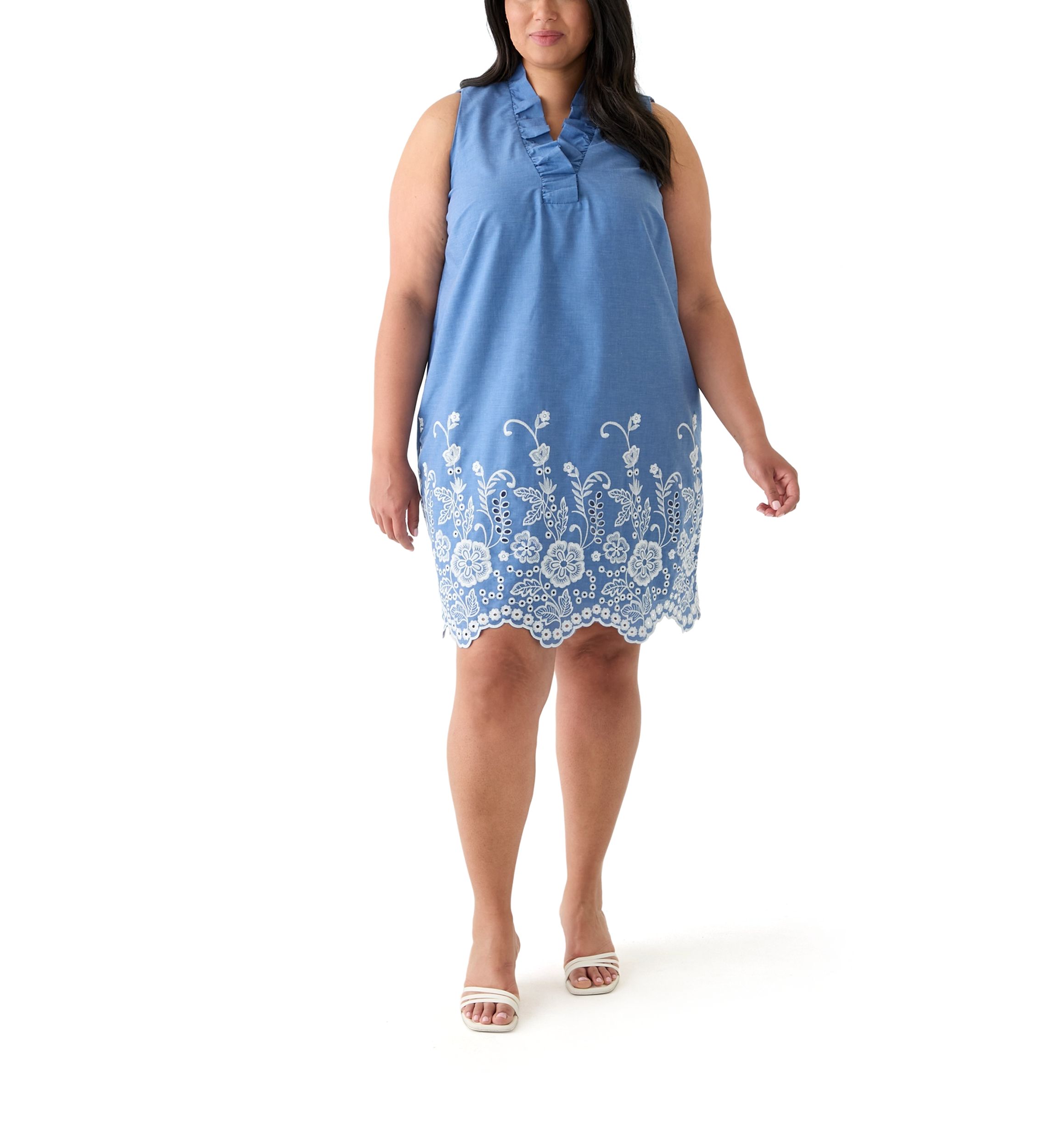 Plus Size Sleeveless V-Neck Embroidered Chambray Dress