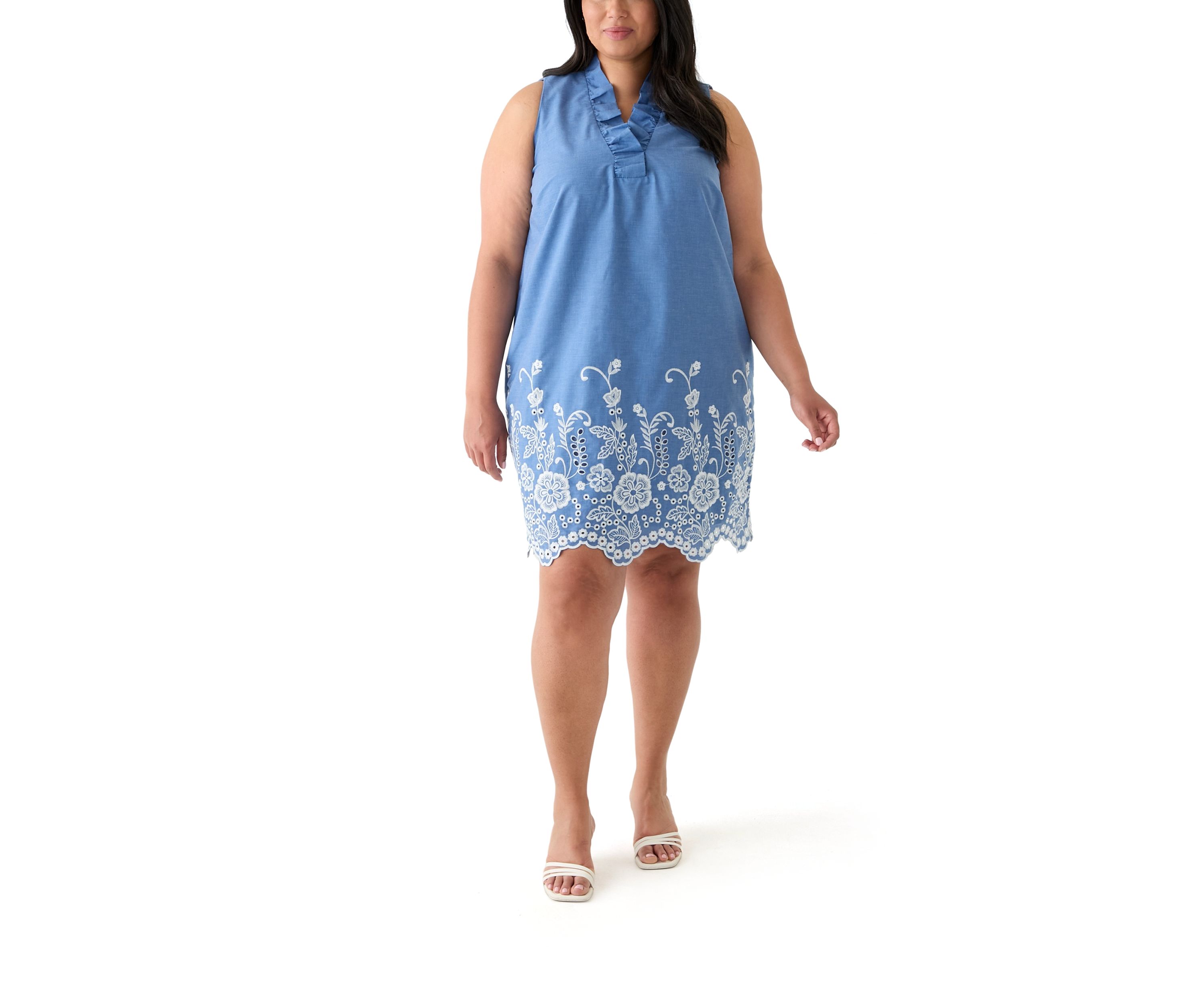 Plus Size Sleeveless V-Neck Embroidered Chambray Dress