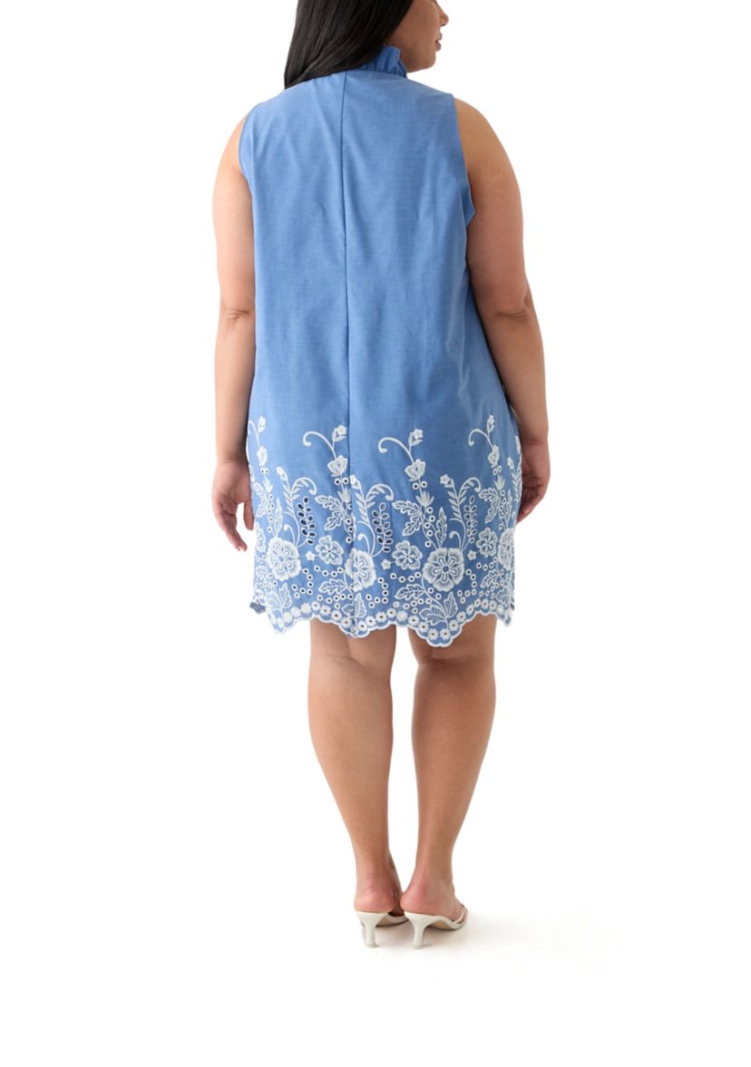Plus Size Sleeveless V-Neck Embroidered Chambray Dress