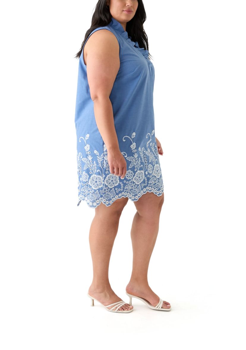 Plus Size Sleeveless V-Neck Embroidered Chambray Dress