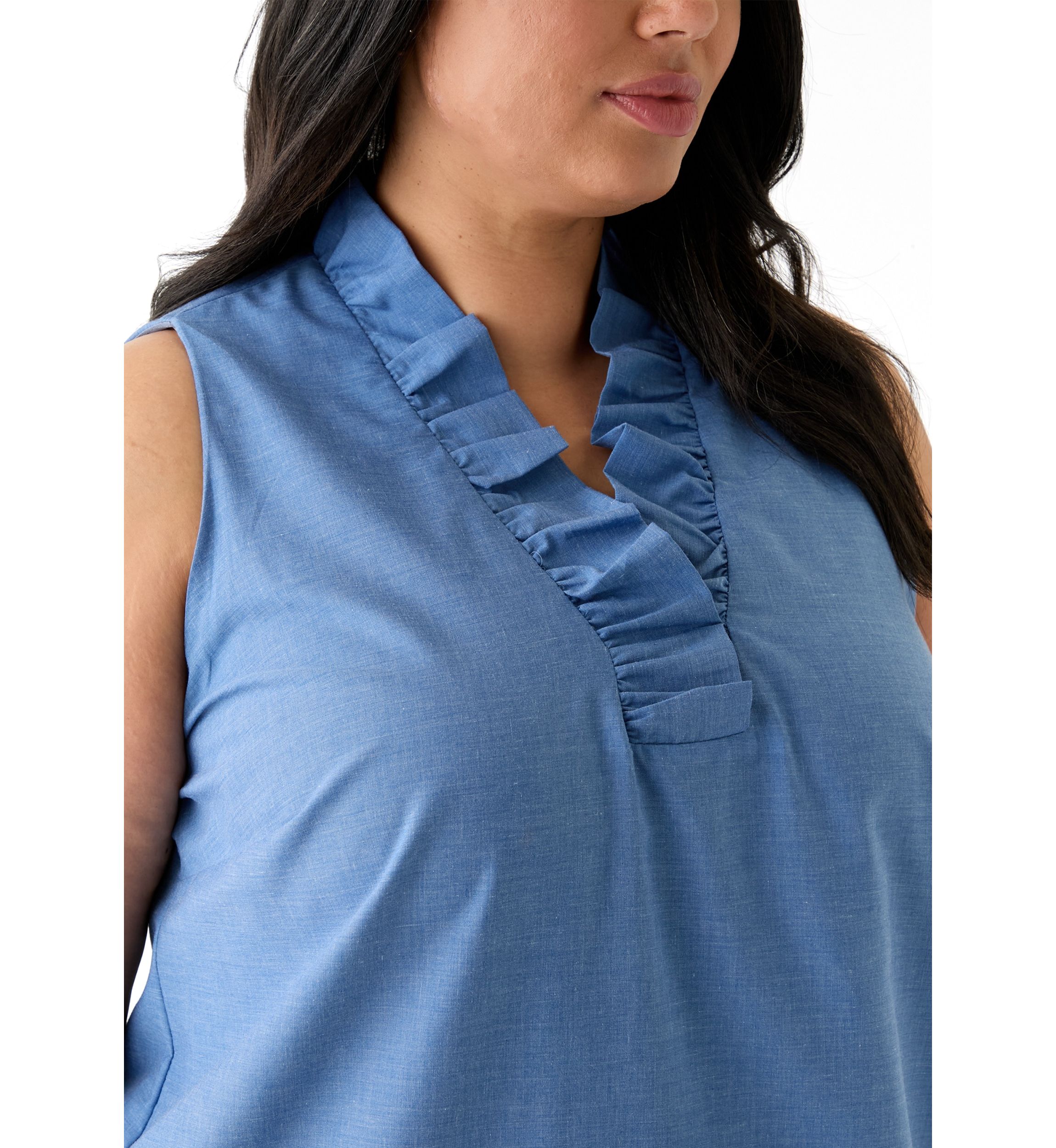 Plus Size Sleeveless V-Neck Embroidered Chambray Dress