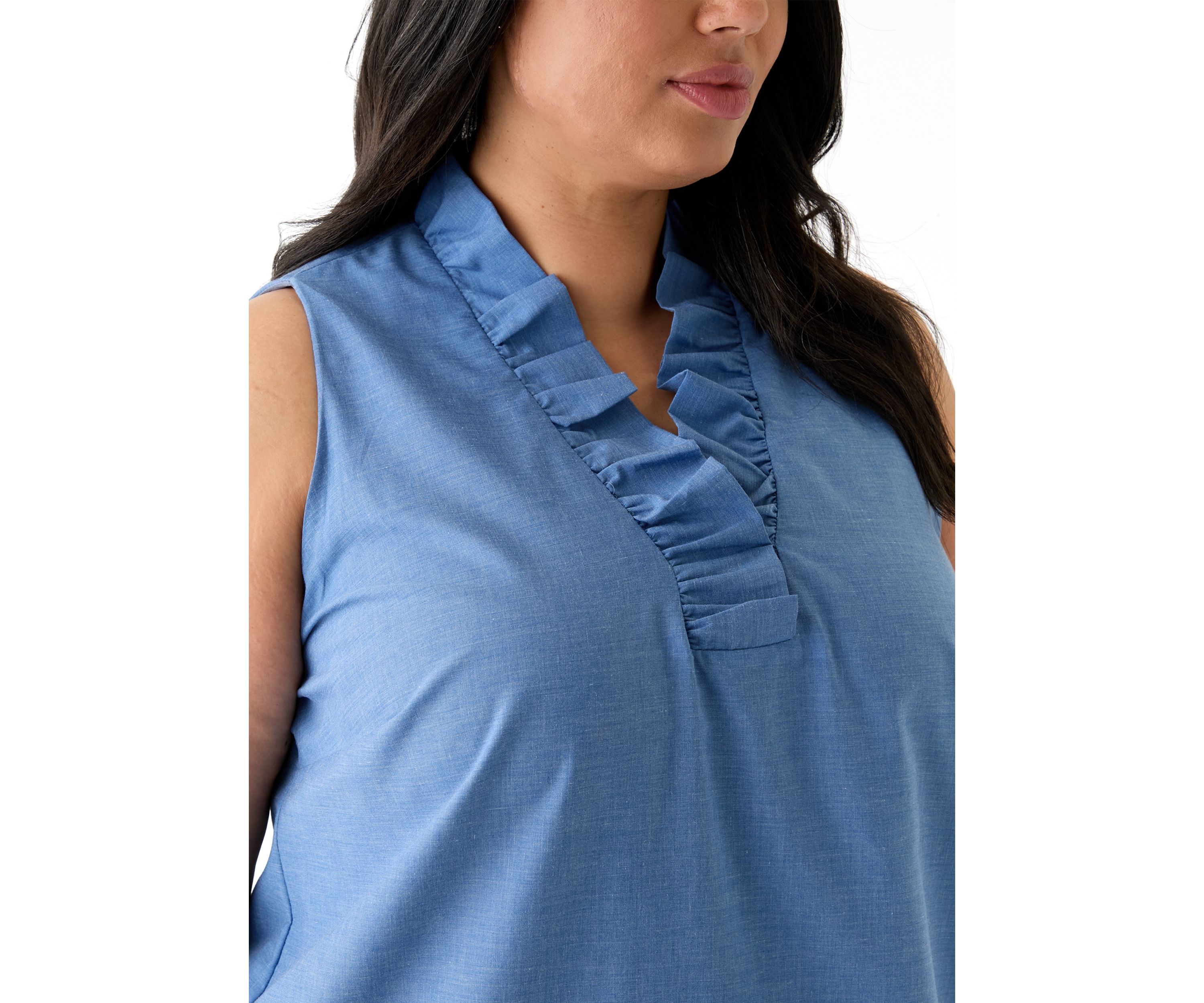 Plus Size Sleeveless V-Neck Embroidered Chambray Dress