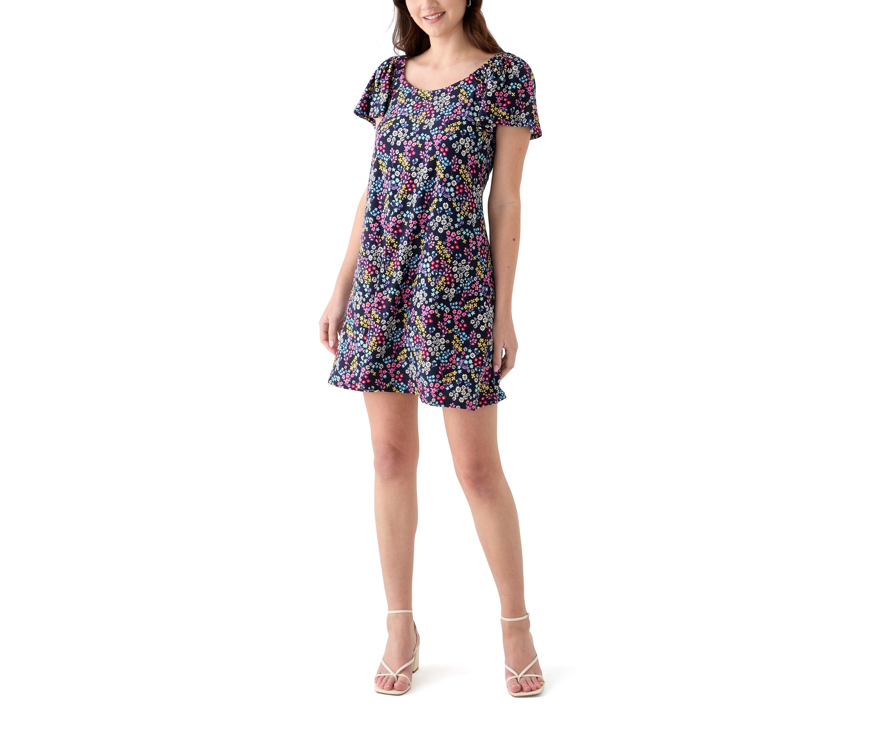 Womens Short Sleeve Round Neck Ditsy Floral Print Dress