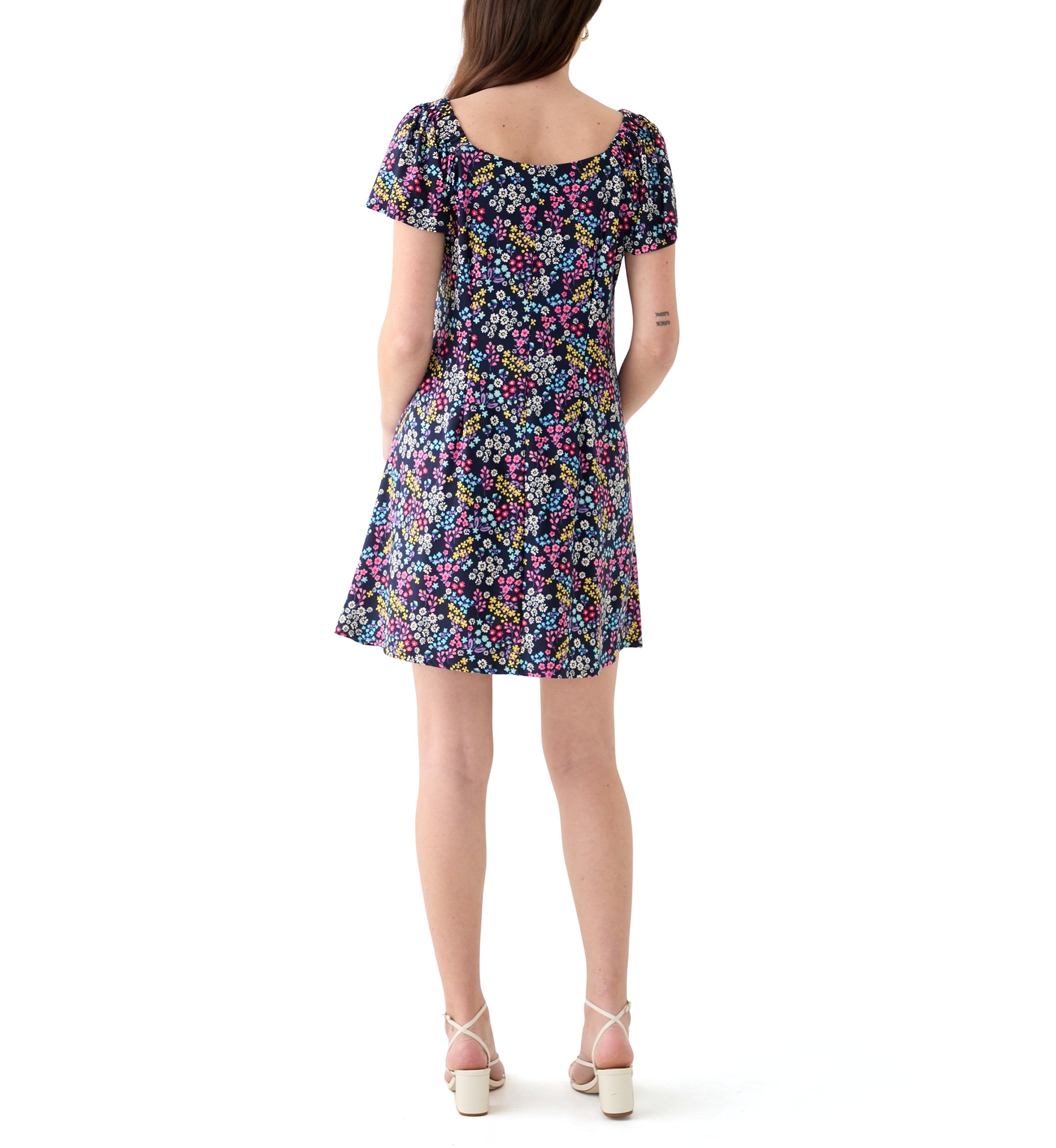 Womens Short Sleeve Round Neck Ditsy Floral Print Dress