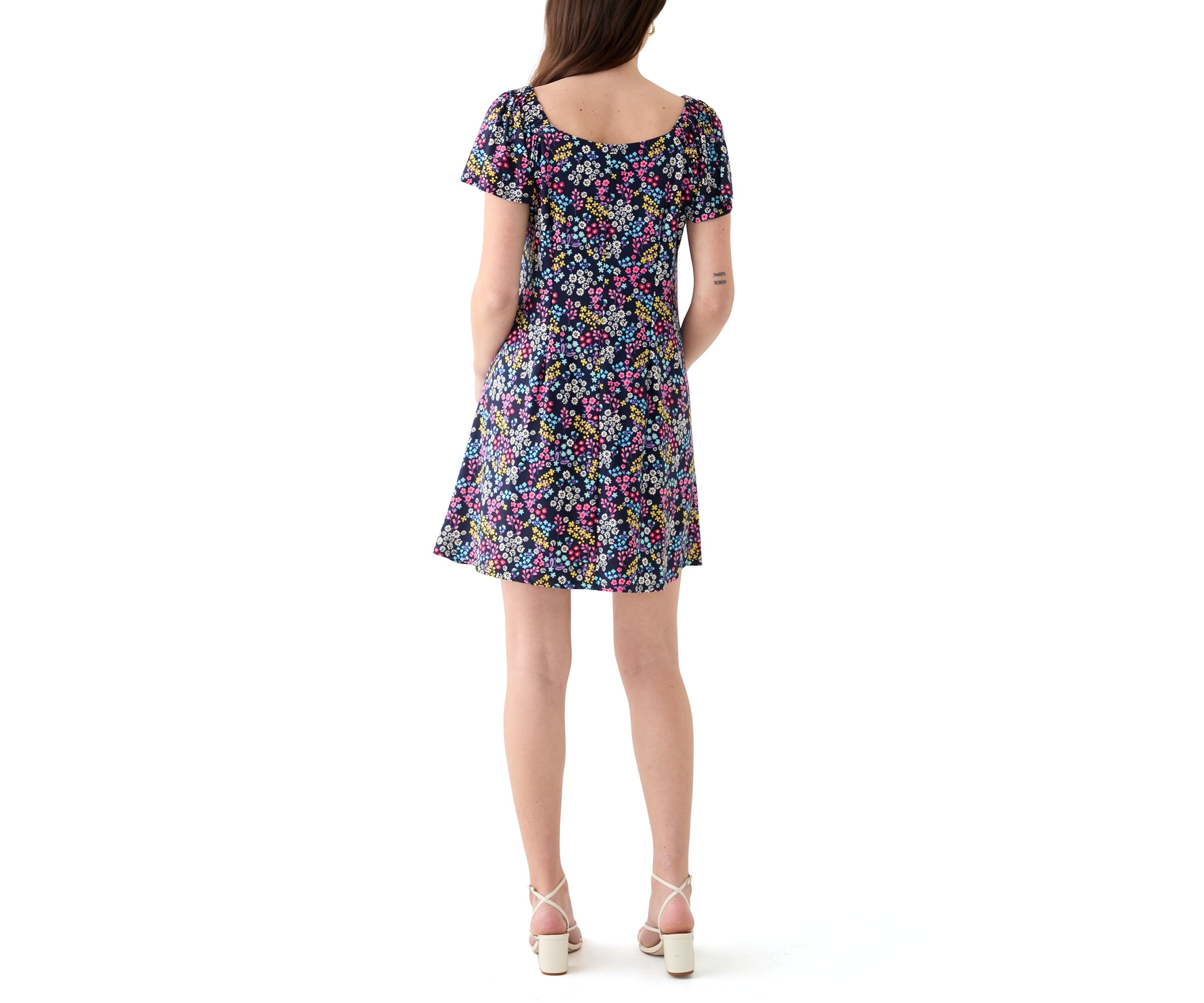 Womens Short Sleeve Round Neck Ditsy Floral Print Dress