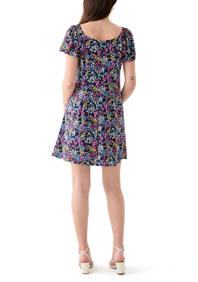 Womens Short Sleeve Round Neck Ditsy Floral Print Dress