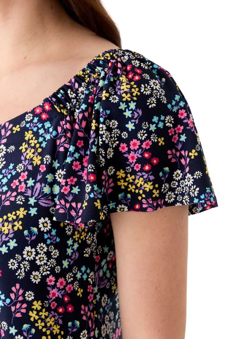 Womens Short Sleeve Round Neck Ditsy Floral Print Dress