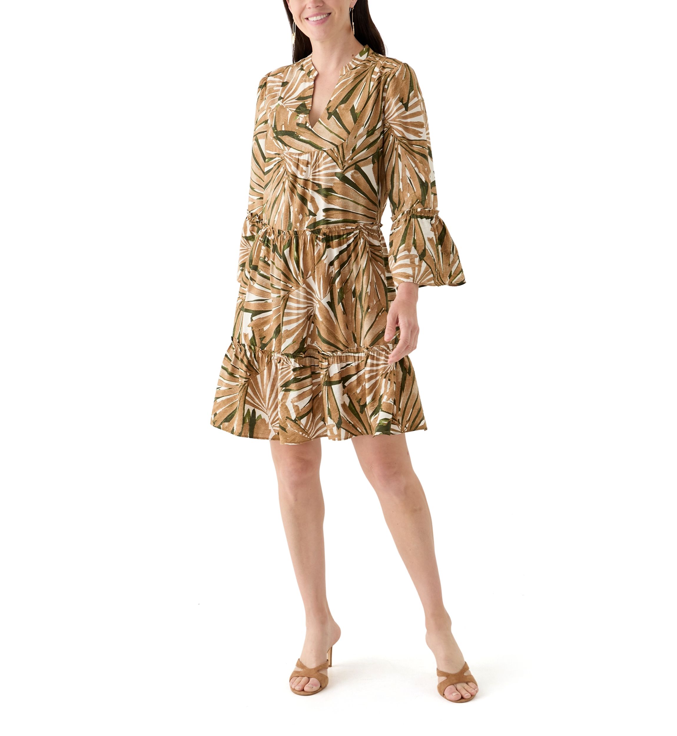Womens Printed Split Neck Tiered Dress