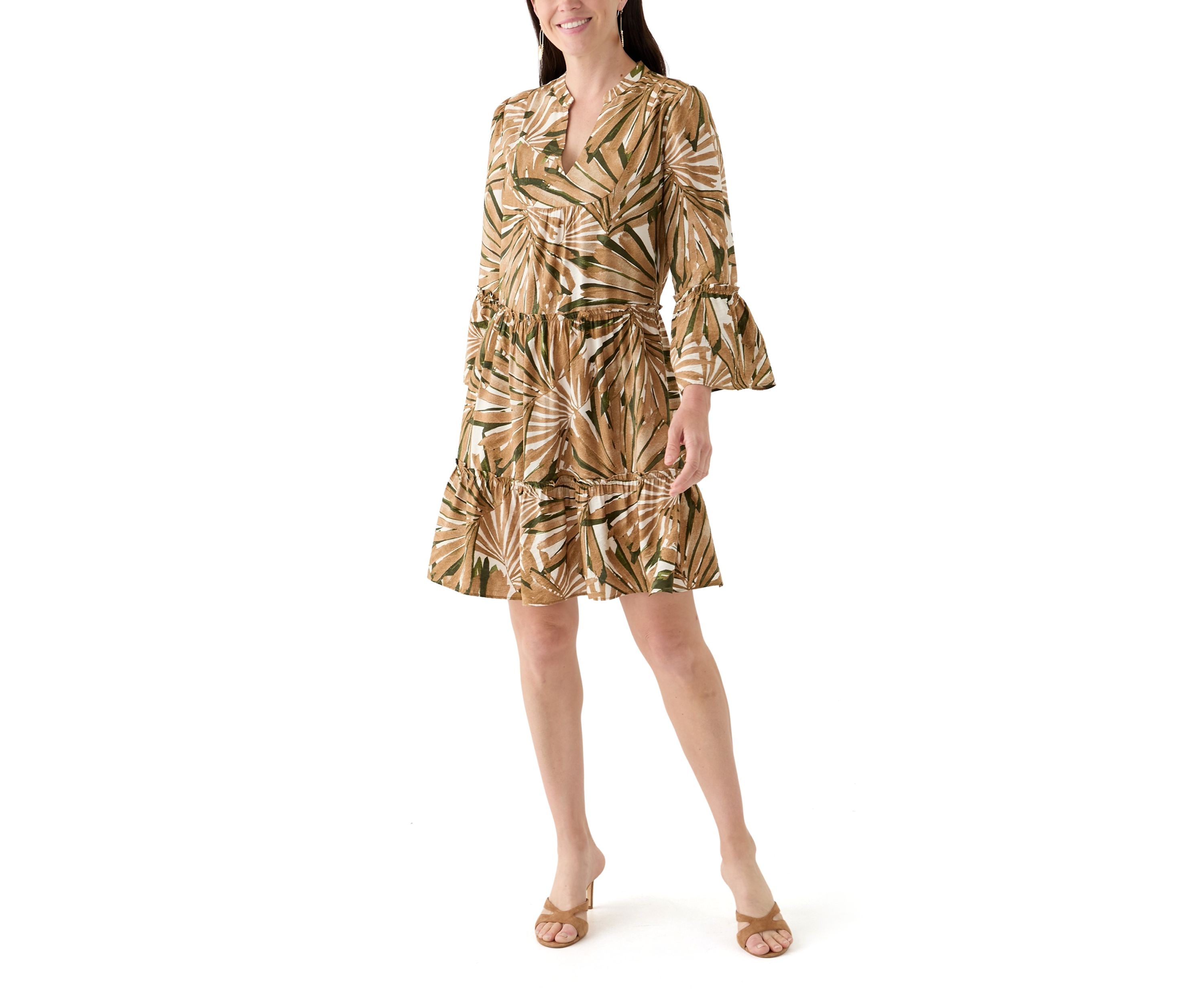 Womens Printed Split Neck Tiered Dress