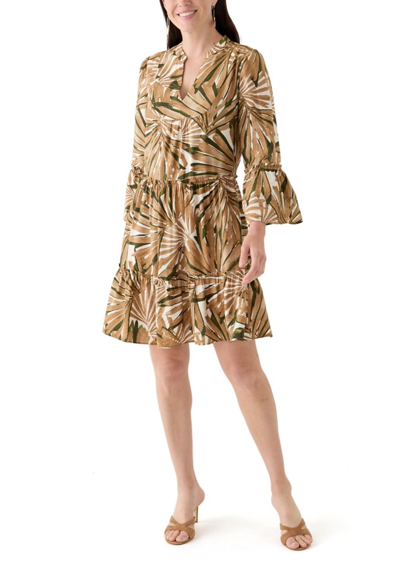 Womens Printed Split Neck Tiered Dress