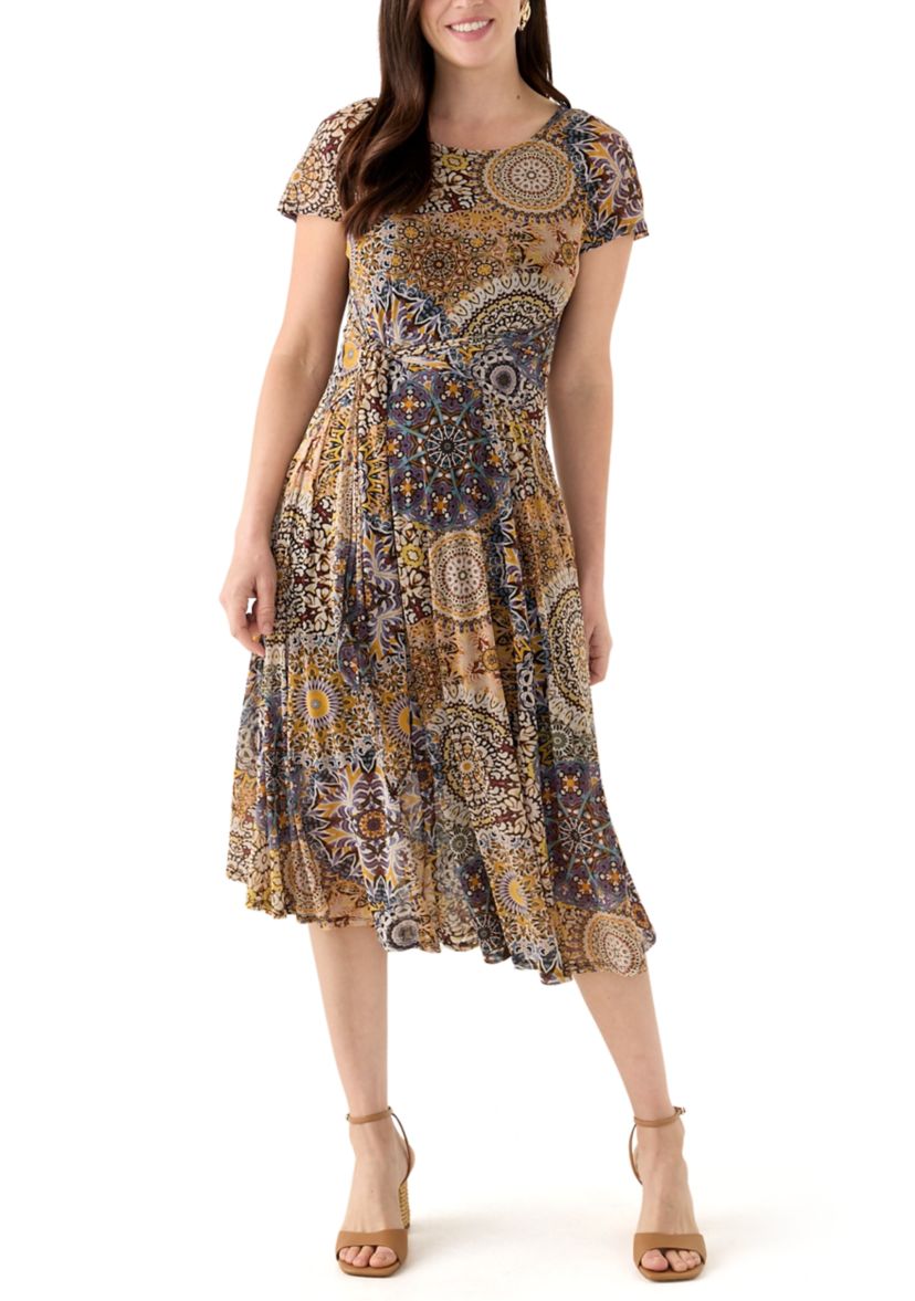 Womens Printed Mesh Midi Dress